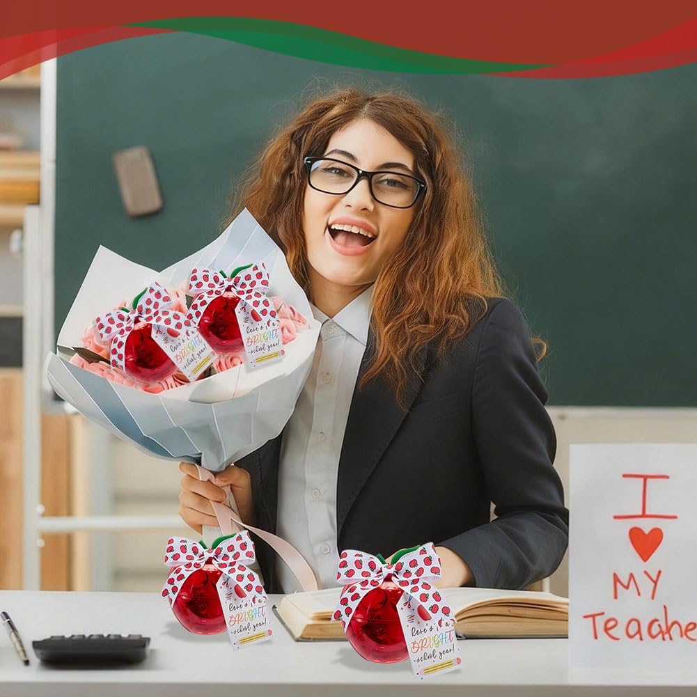 OLYCRAFT 12 Pack Plastic Apple Containers Teacher Present Set Red Apple Shaped Teacher Appreciation Present with Thank You Cards Keychains Ribbon Welcome Party Favor for School Party Decorations
