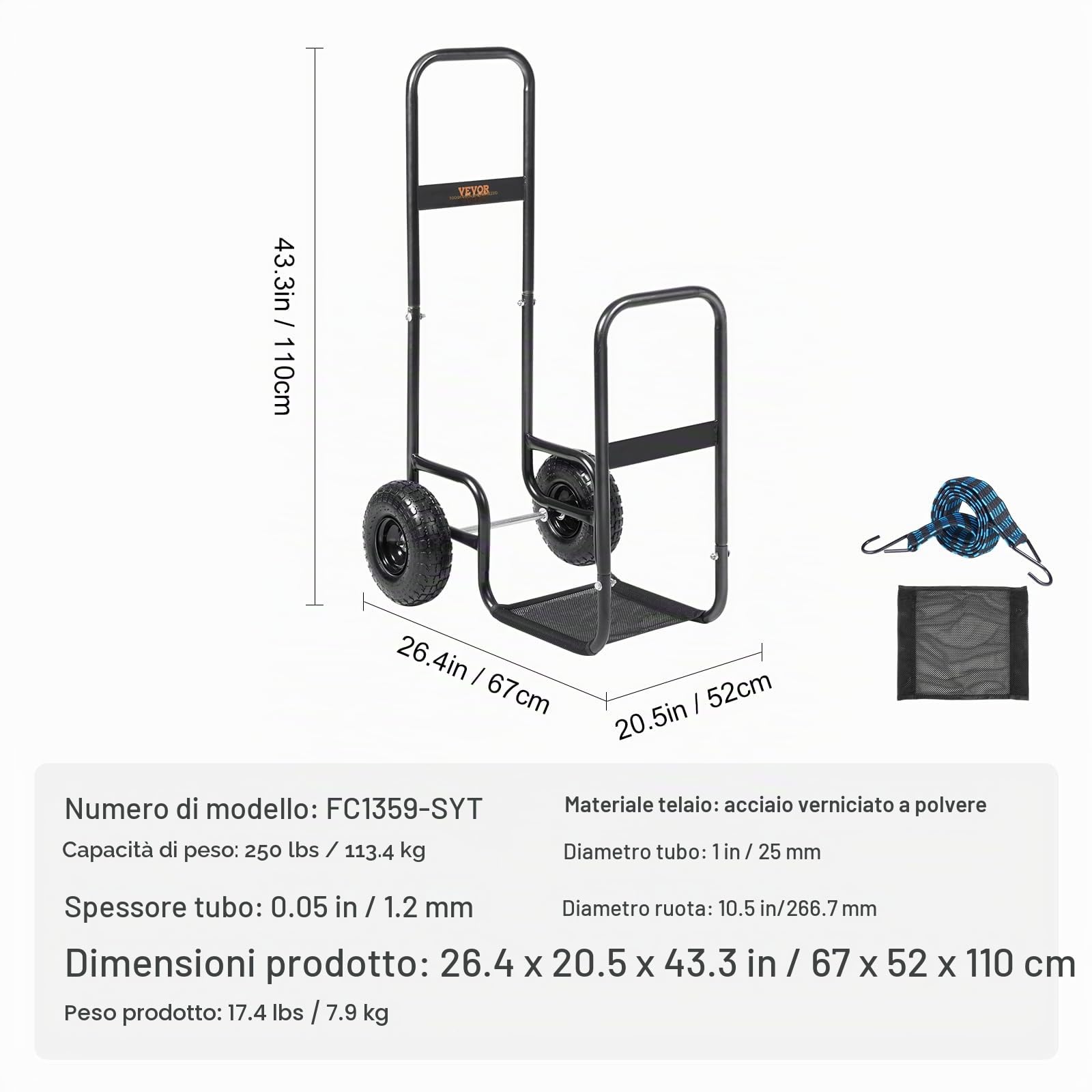 VEVOR Carrello per legna da ardere, 113,4 kg, per esterni e interni, con ruote pneumatiche, trasportatore in acciaio resistente, supporto per camino