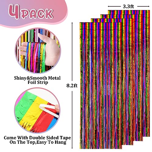 Image of Voircoloria 4 Pack 3.3x8.2 Feet Rainbow Foil Fringe Backdrop Curtains, Tinsel Streamers Birthday Party Decorations, Fringe Backdrop for Graduation, Baby Shower, Gender Reveal, Disco Party