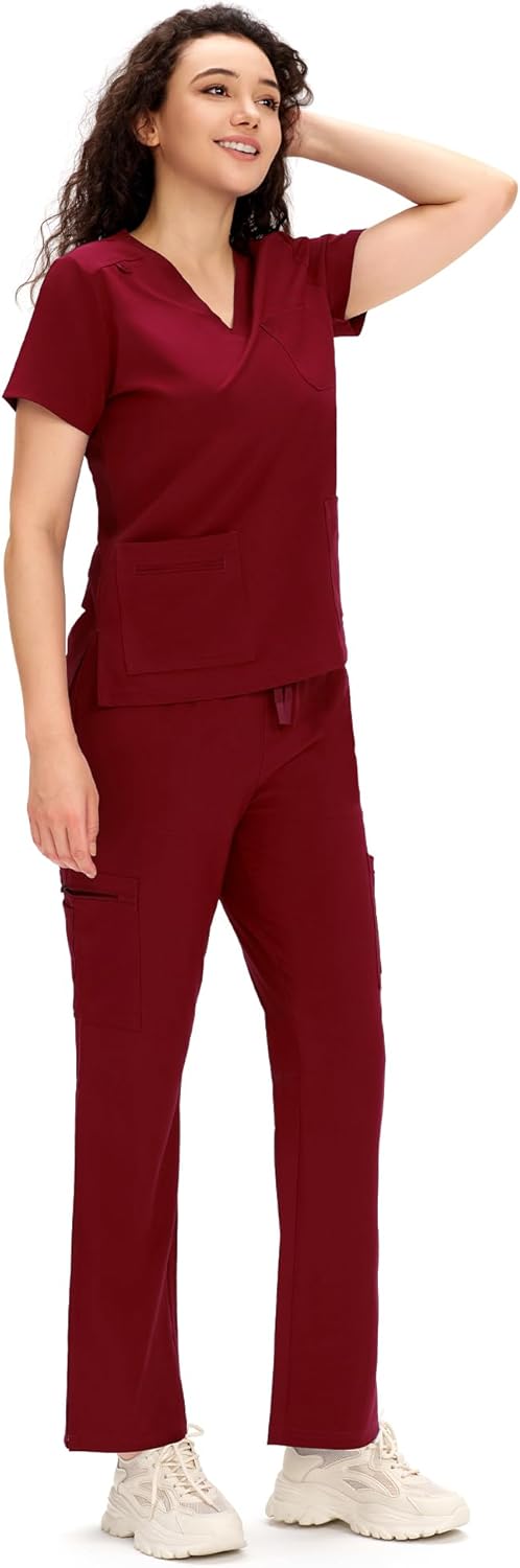 COZYFIT Scrubs for Women - COZY SCRUBS V Neck Top and Bootcut Cargo Straight Pants with 12 Pockets - Image 3