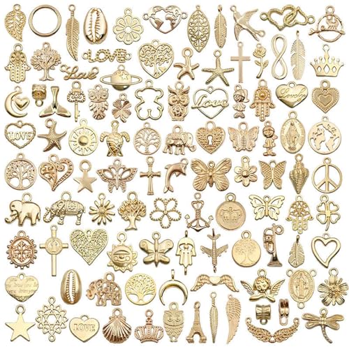 100 Pcs Charms, Bracelet Charms for Jewellery Making, Creative DIY Jewelry Crafting Accessories (Golden)
