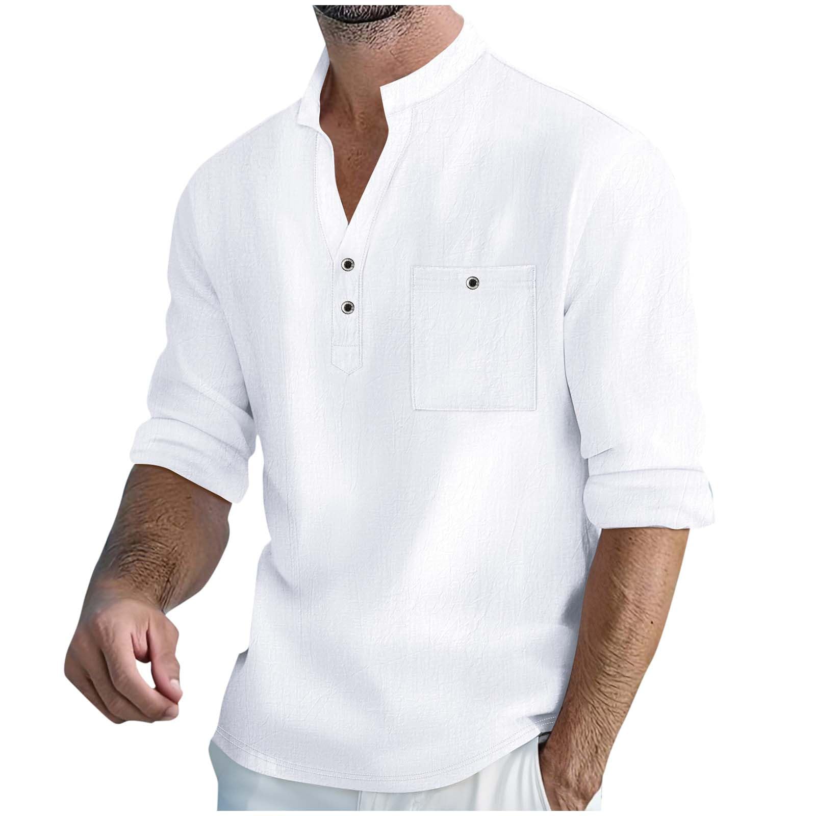 Mens Henley Shirt Roll Up Long Sleeve Cotton Linen Casual V Neck Summer Beach Hippie Shirt Band Collar Vacation Top