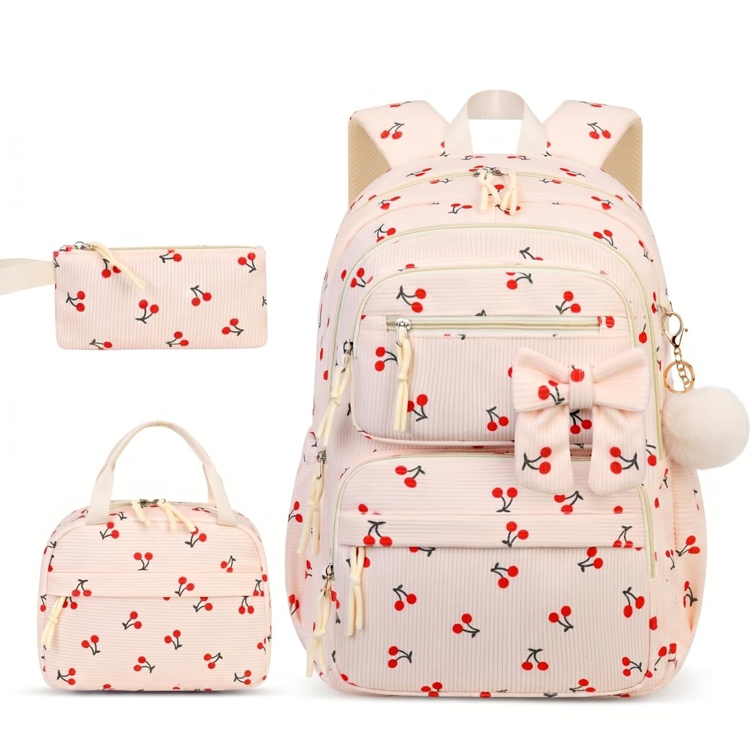 3 unids/set mochila de cereza linda mochila de pana con paquete de comida estuche para niñas y mujeres, color beige.