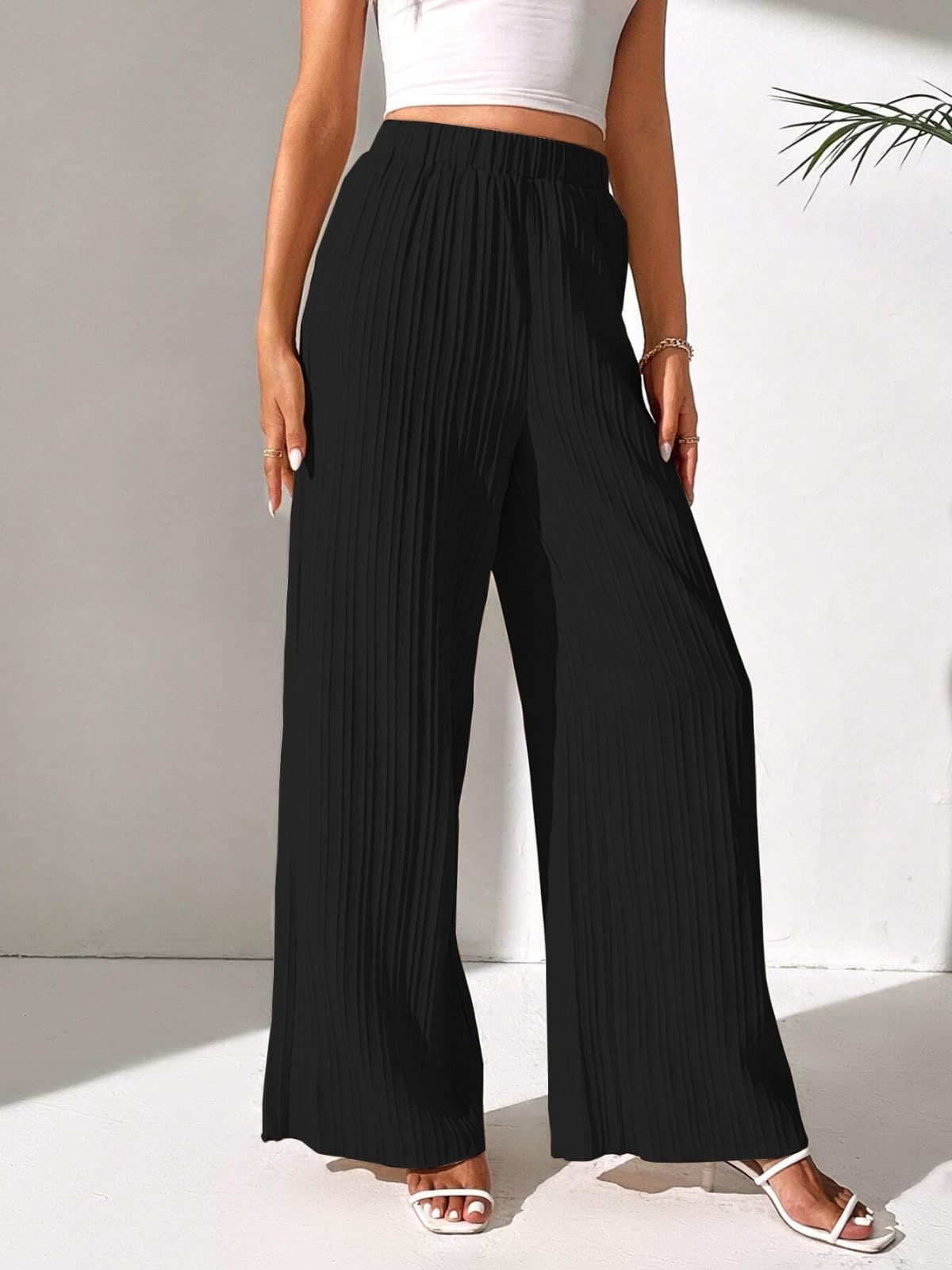 Leriya Fashion Pantaloni a palazzo da donna plissettati a vita alta elasticizzati | Estate Casual Lounge Wear Leggero Fluido Vestibilità dritta Confortevole Viaggio Spiaggia Ufficio Abbigliamento