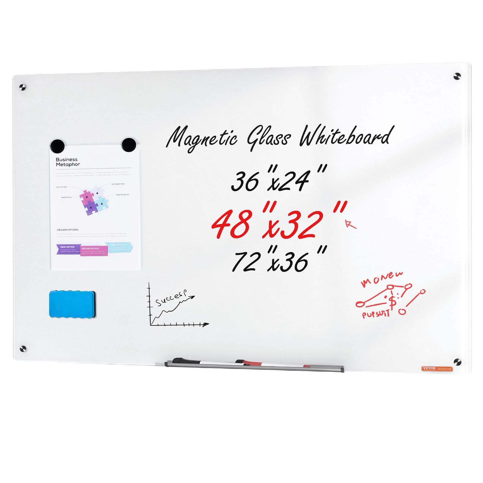VEVOR Magnetic Glass Whiteboard, Dry Erase Board 48"x32", Wall-Mounted Large White Glassboard Frameless, with Marker Tray, an Eraser and 2 Markers, White