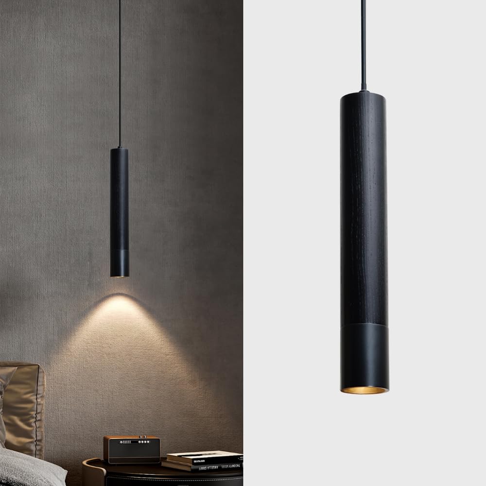 ouglres Lámpara Colgante Negro 1 Llama,Barra Industrial Colgante Metal,Madera Vintage Lámpara Colgante para Cocina Comedor Cabecera Dormitorio,Bar,Restaurante,Altura Ajustable,Gu10