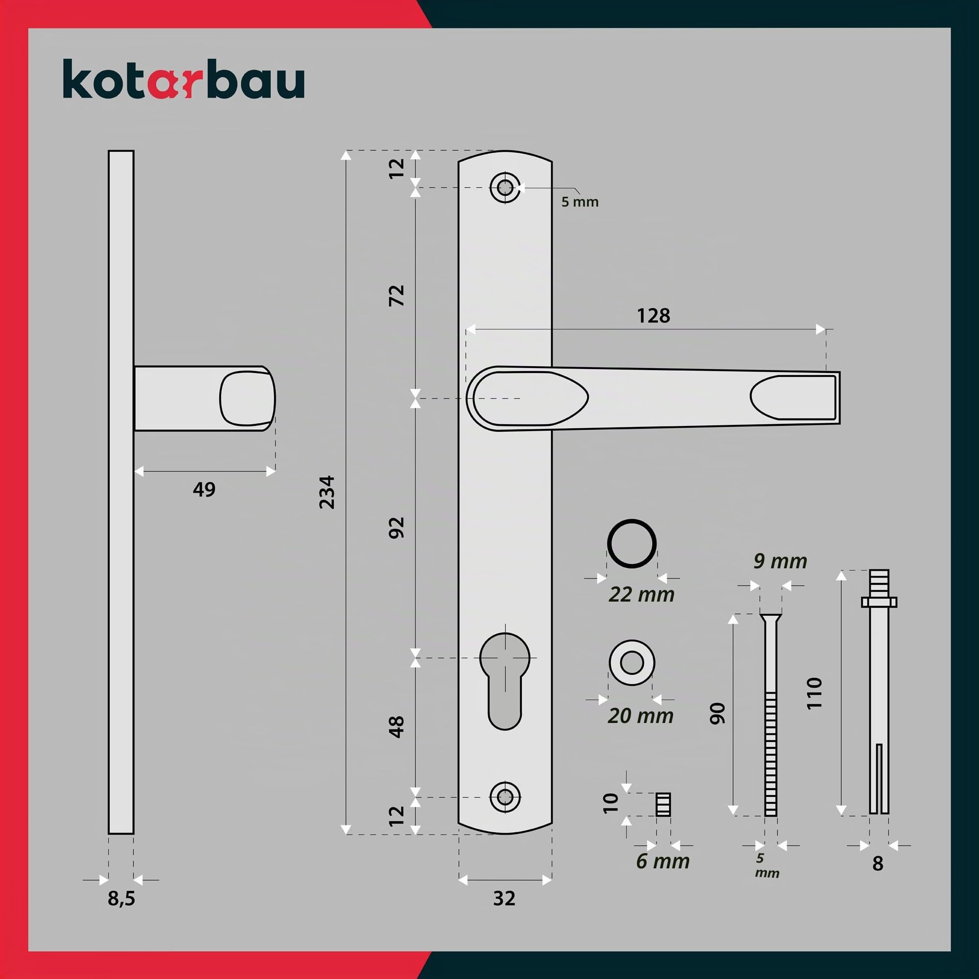 KOTARBAU® - Tirador de puerta de aluminio de 92 mm, cilindro perfilado, mango largo para puerta interior