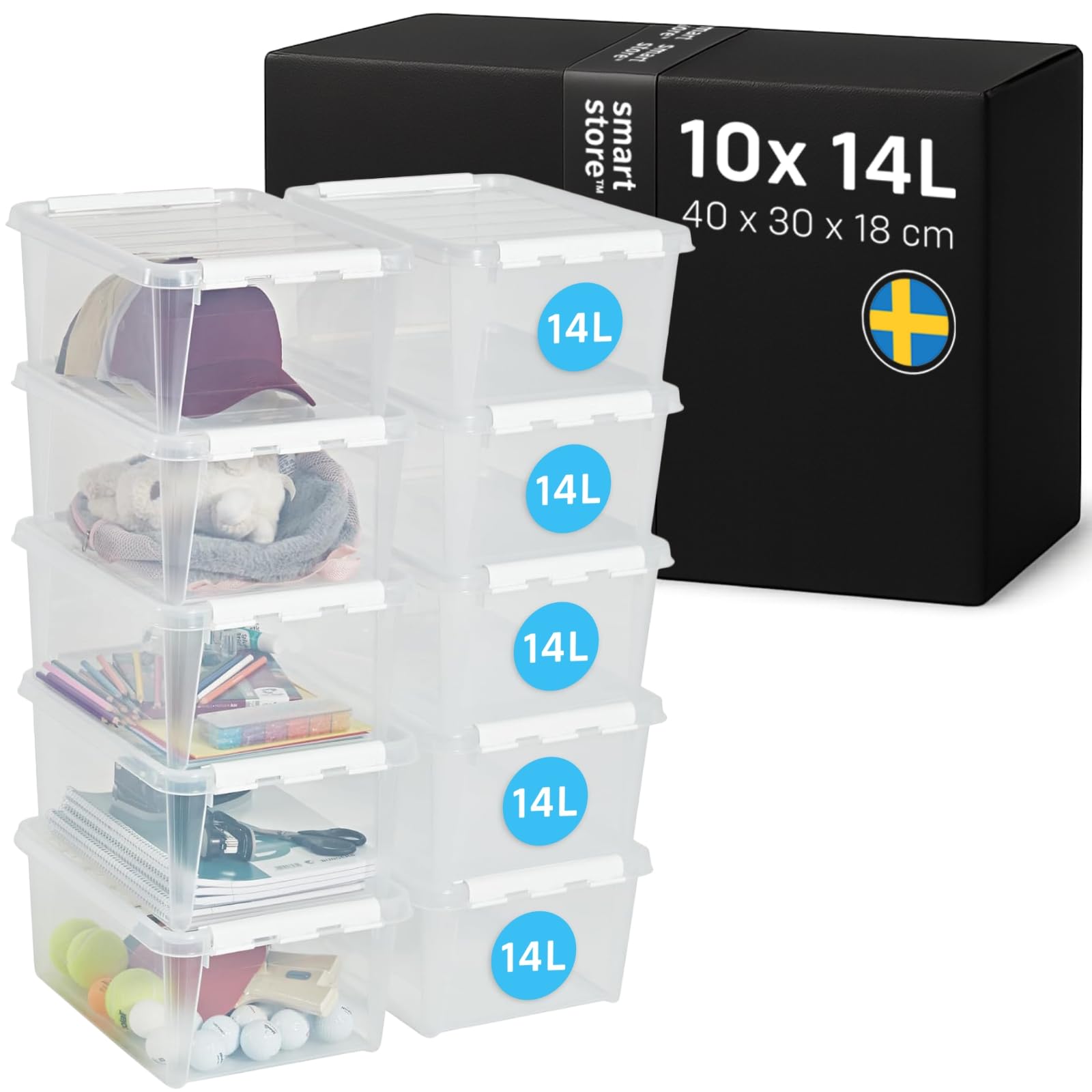 SmartStore - 10x Aufbewahrungsbox mit Deckel Classic 14L (40x30x18cm) | Stapelbare Box mit Deckel | Lebensmittelechte Kunststoffbox | Plastikbox mit Deckel & verstärkten Ecken | 10 Jahre Garantie