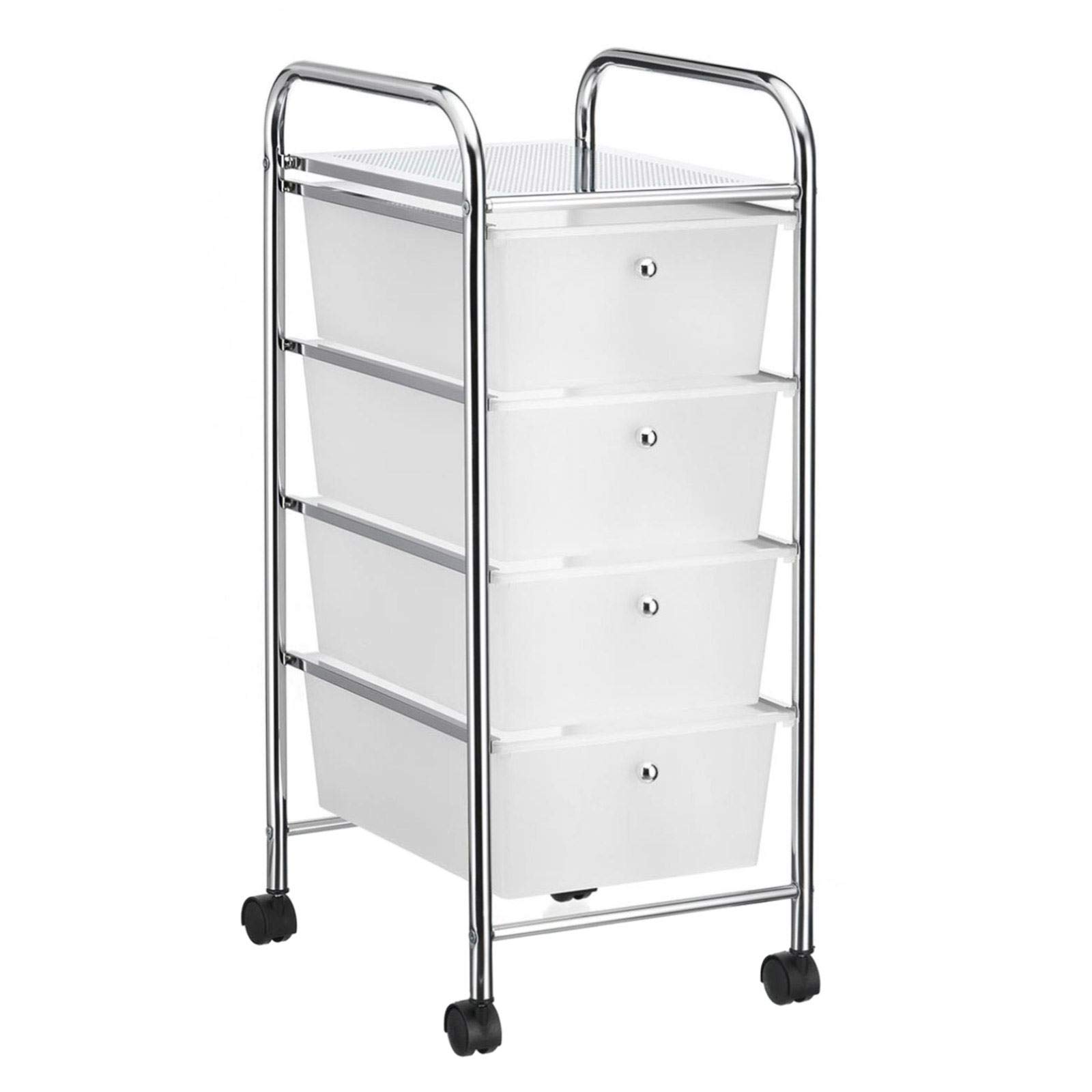 IDIMEX Caisson sur roulettes SANO Chariot avec 4 tiroirs en Plastique Blanc Transparent et 1 étagère, Meuble de Rangement pour Salle de Bain en métal chromé