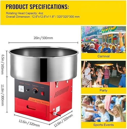 Miniatura 7 de Máquina eléctrica comercial de algodón de azúcar para familias y fiestas, 1030 W, 20.5 pulgadas, rojo
