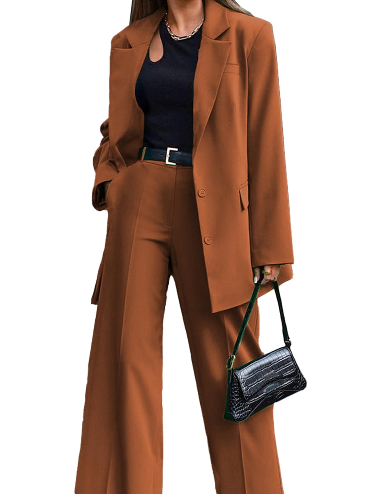HOTIAN Business Casual Suit Sets Womens 2 Piece Outfits Blazer Jacket and Wide Leg Pants with Pockets