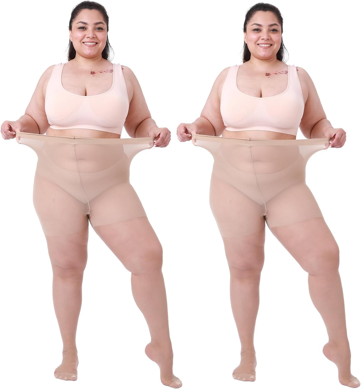 Plus Size Pantyhose 2-Pack - 20D Ultra Sheer Control Top Tights for Women Reinforced Toe & Waistband