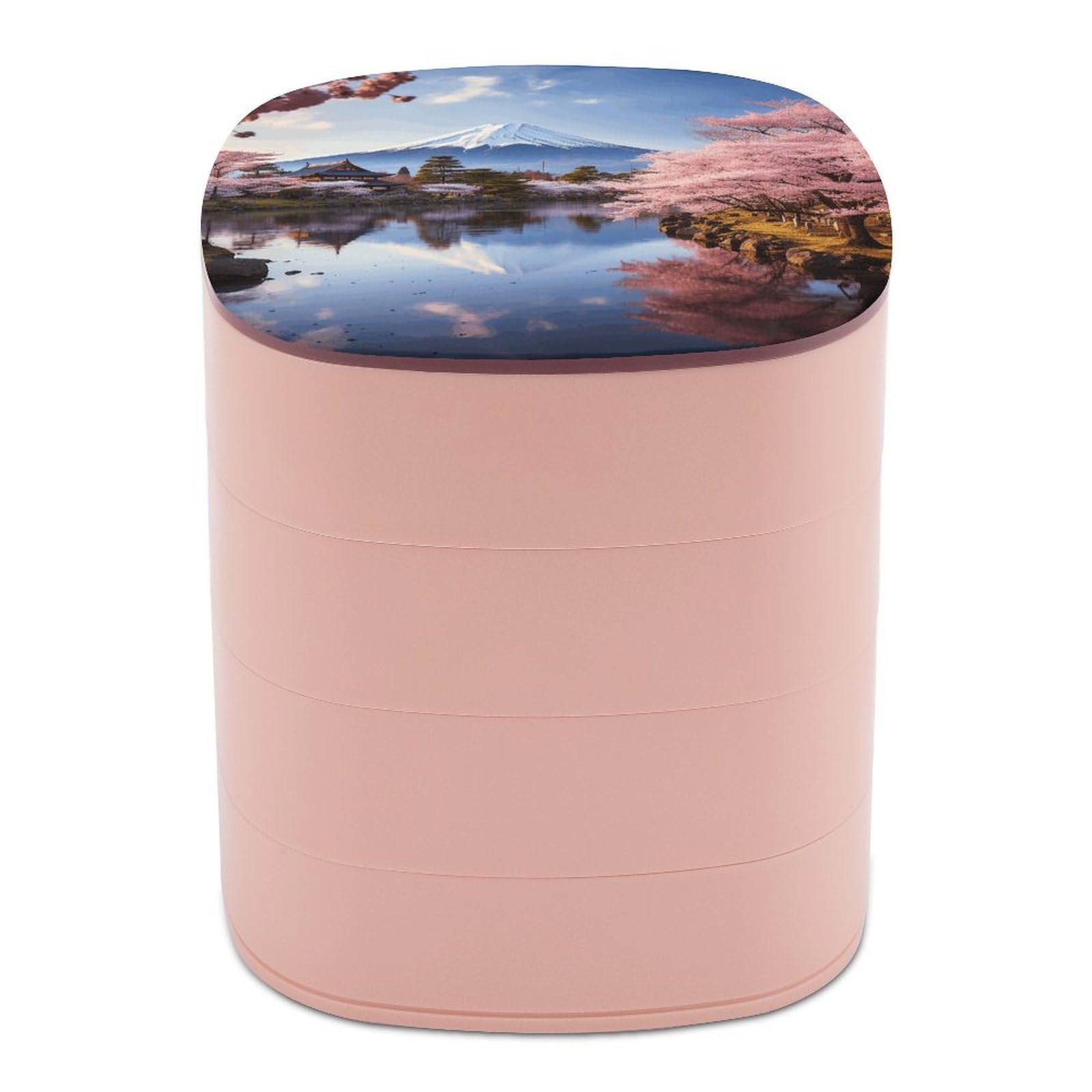 VstaDank Mount Fuji Cherry Blossom Trees Jewelry Box with Mirror Travel Small Jewelry Case for Women 4-Layer Rotatable Jewelry Organizer Storage Box Portable Jewelry Storage Case for Rings Earrings