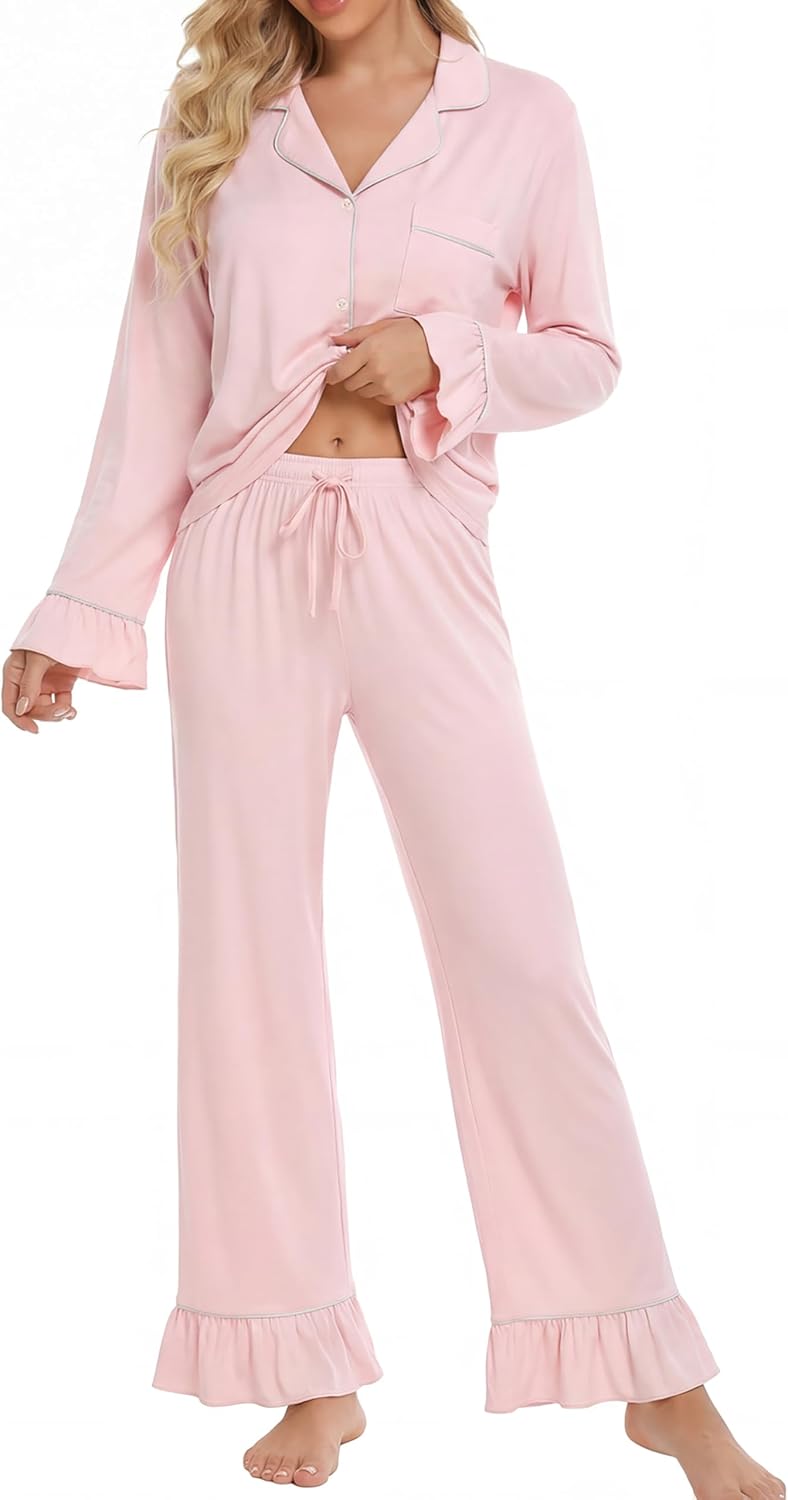 Women Bamboo Viscose Pajama Sets Ruffled Cuff Hem Long Sleeve Fancy Yarn 2 Piece Loungewear Loose Fit Drop Shoulder