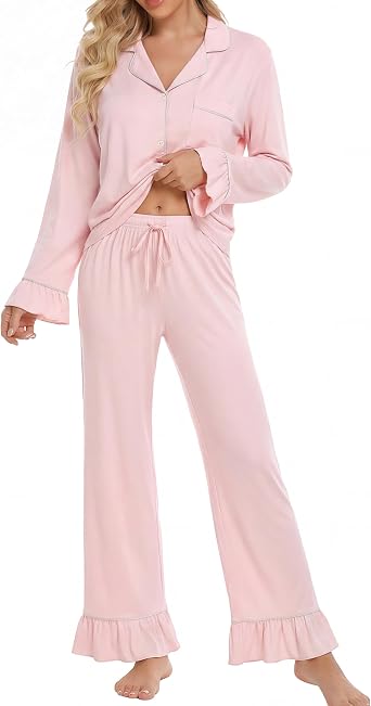 Women Bamboo Viscose Pajama Sets Ruffled Cuff Hem Long Sleeve Fancy Yarn 2 Piece Loungewear Loose Fit Drop Shoulder