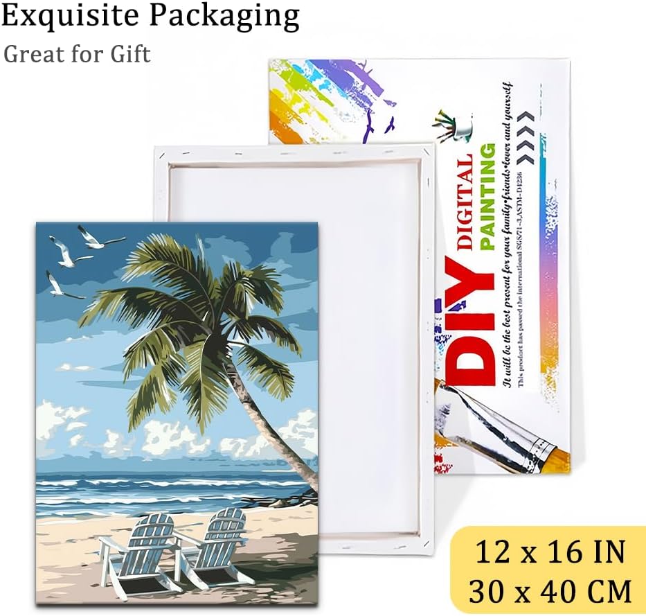 Natuyalo Paint by Numbers Kit for Adults Beginners, 12" Wx16 L Painting by Numbers Kit on Canvas Acrylic Drawing Kits Ready to Stretch and Framed, Beach Landscape