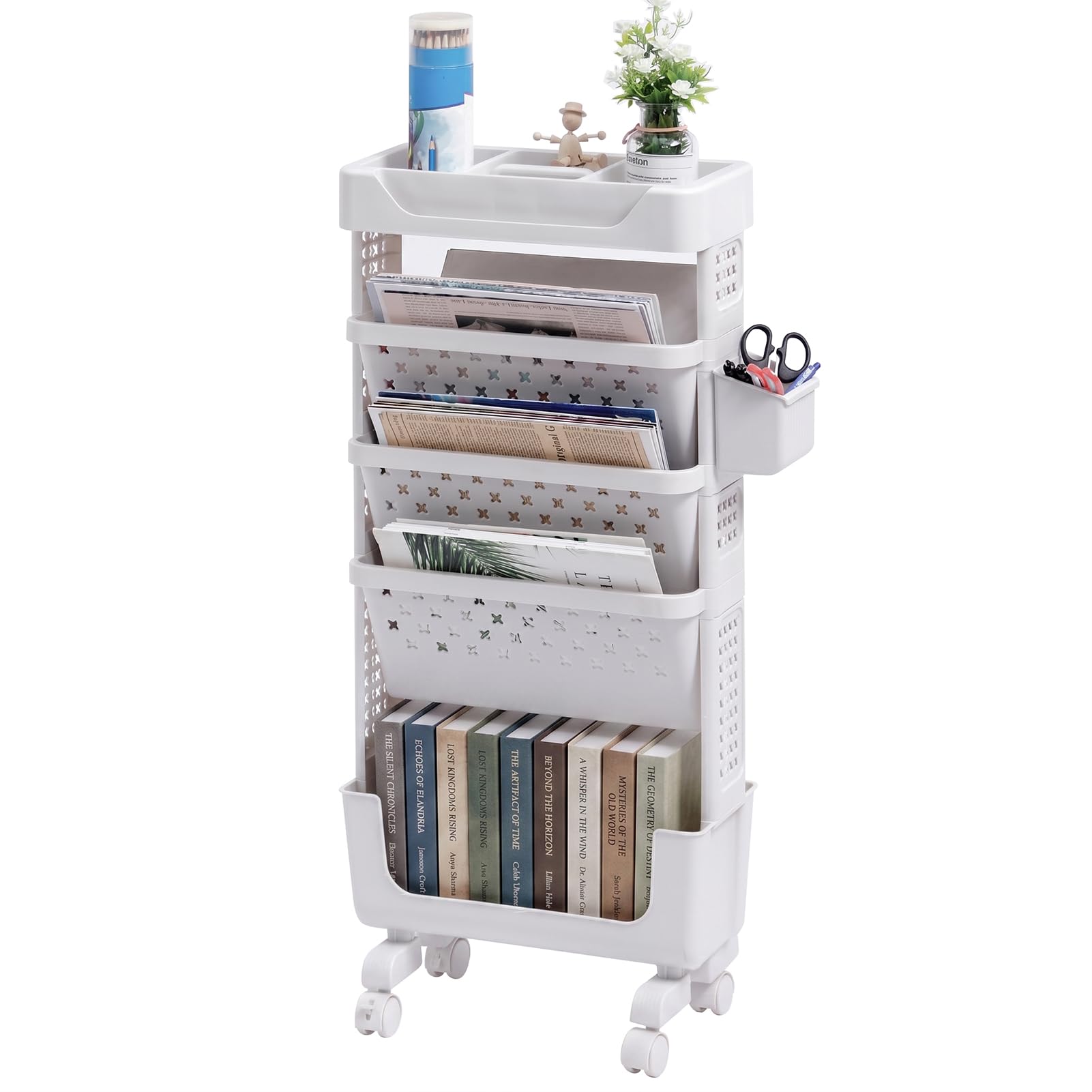DOEWORKS Mobile Bookshelf with Wheels Book Trolley Slim Storage Trolley on Wheels 5-Tier Rolling Storage Cart Movable Bookcase for Living Room Bedroom Office, White