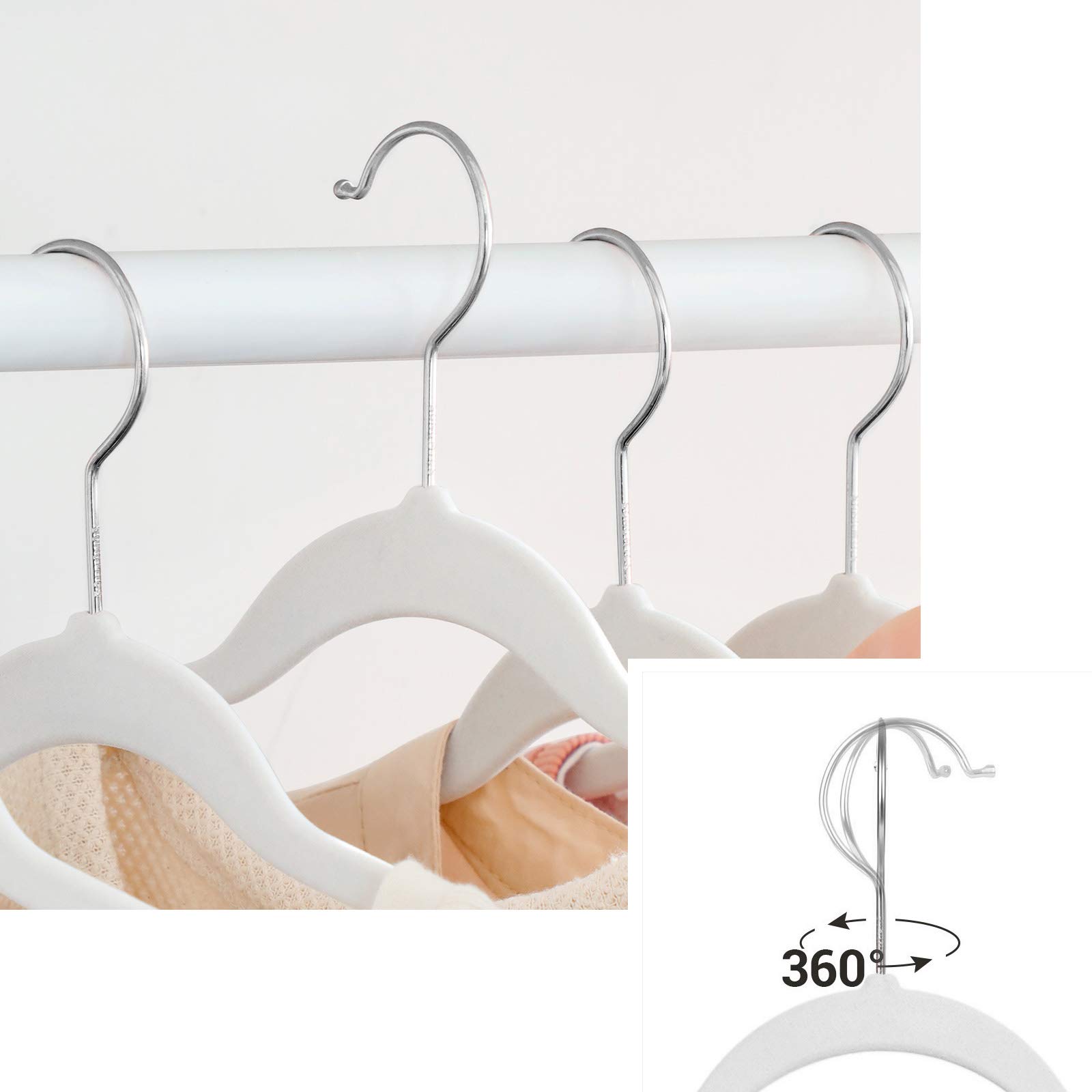 SONGMICS Grucce Velluto 50 Pezzi, Grucce Appendiabiti Lunghe 41,5 cm, Salvaspazio, Capacità di Carico Elevata, Gancio Girevole a 360°, Cappotti Camicie Completi, Bianco e Argento CRF026W04