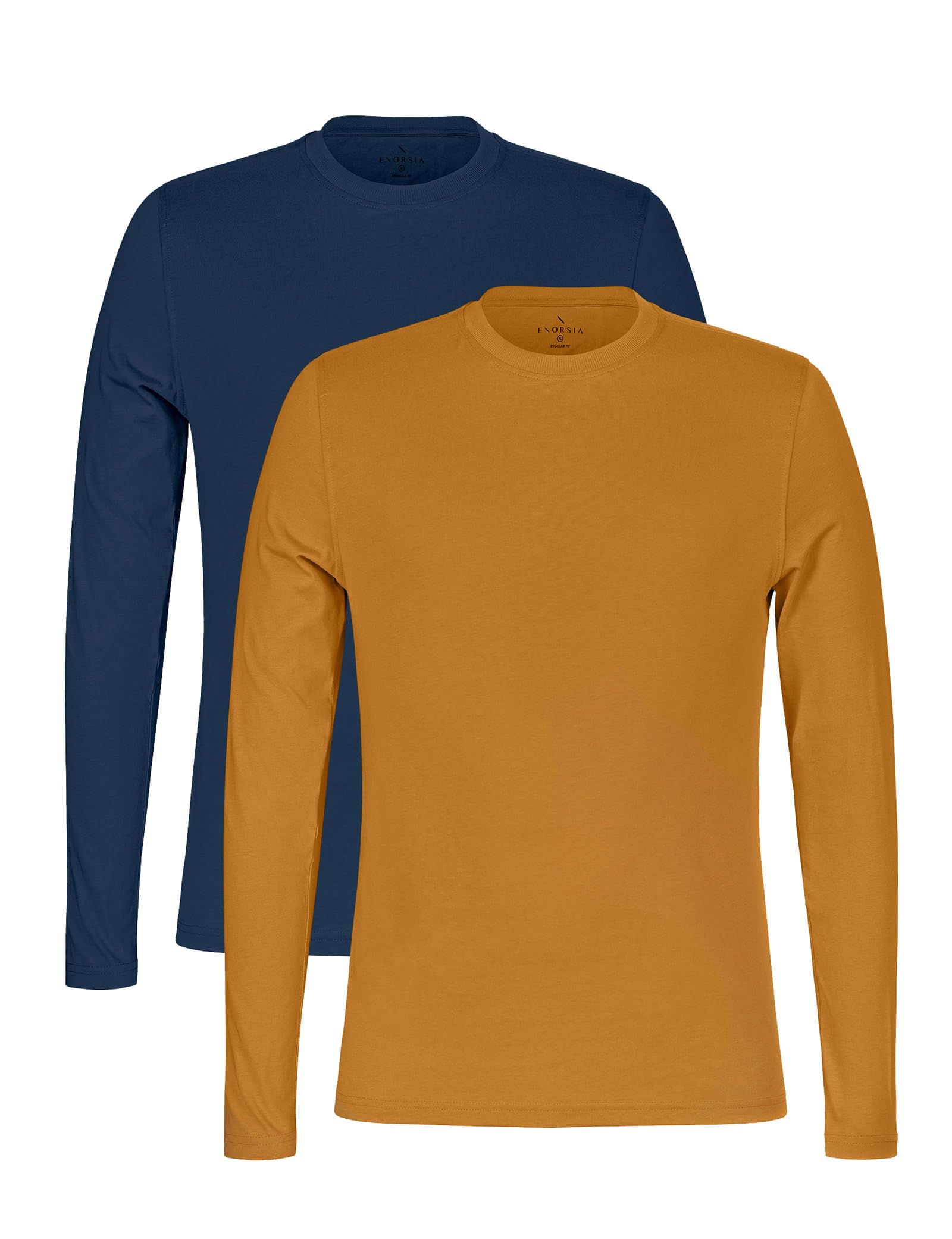 Enorsia Mens Long Sleeve Cotton T-Shirt 2 Pack Classic Crew Neck Tees in Maroon-Olive & Deep Blue-Mustard with Soft Breathable Fabric (S, Mustard-Deep Blue)