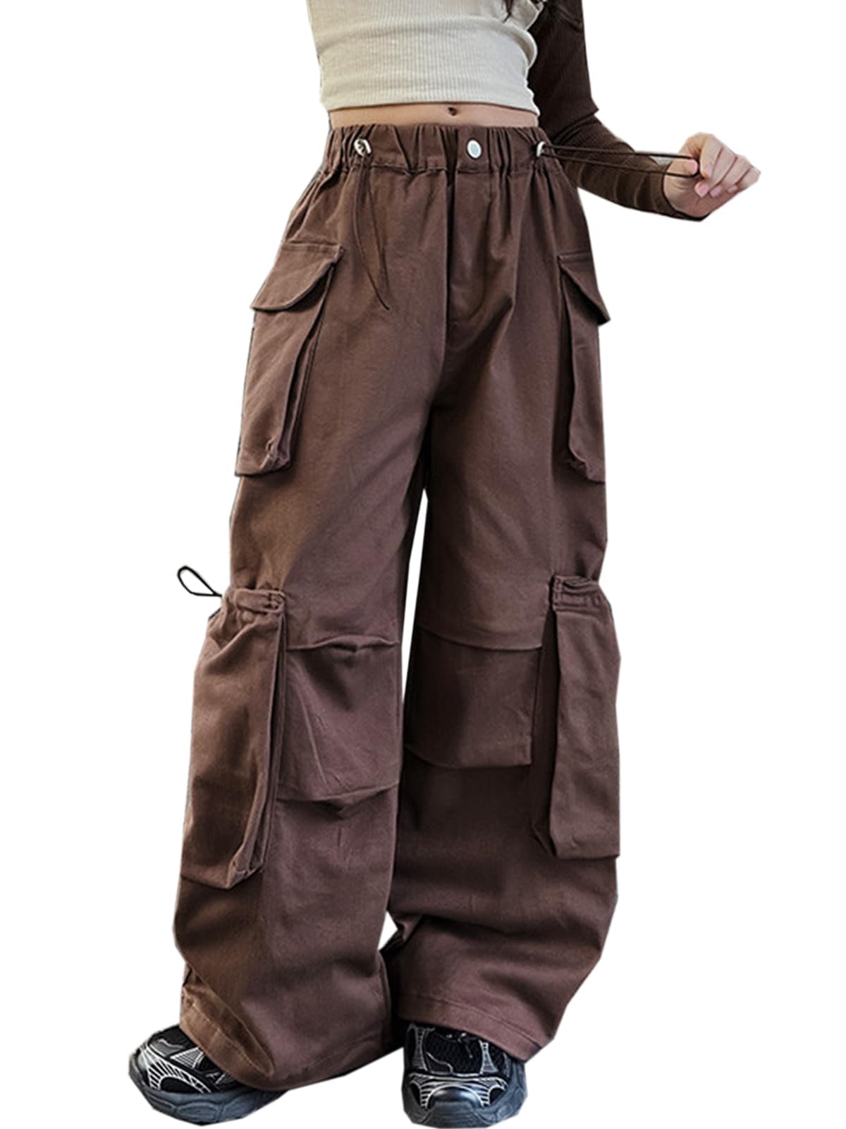 Nanasait Girls Vintage Multiple Pockets Cargo Pants Wide-Leg Casual Straight Streetwear, 6-14 Years