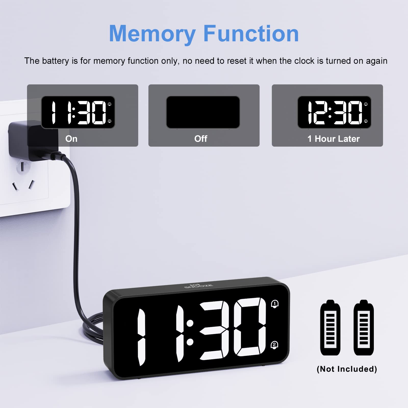 LATEC Sveglia Digitale, Sveglia da Comodino LED con Adattatore, Luminosità e Volume Regolabili, Schermo Grande da 5,8" con 2 Allarme, Snooze, 12/24 Ore per Ufficio Camera da Letto, Nero