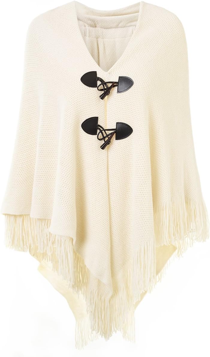 Ferand Women’s Loose Fitting Poncho Cape Shawl with Stylish Horn Buttons, V Neckline and V Hem