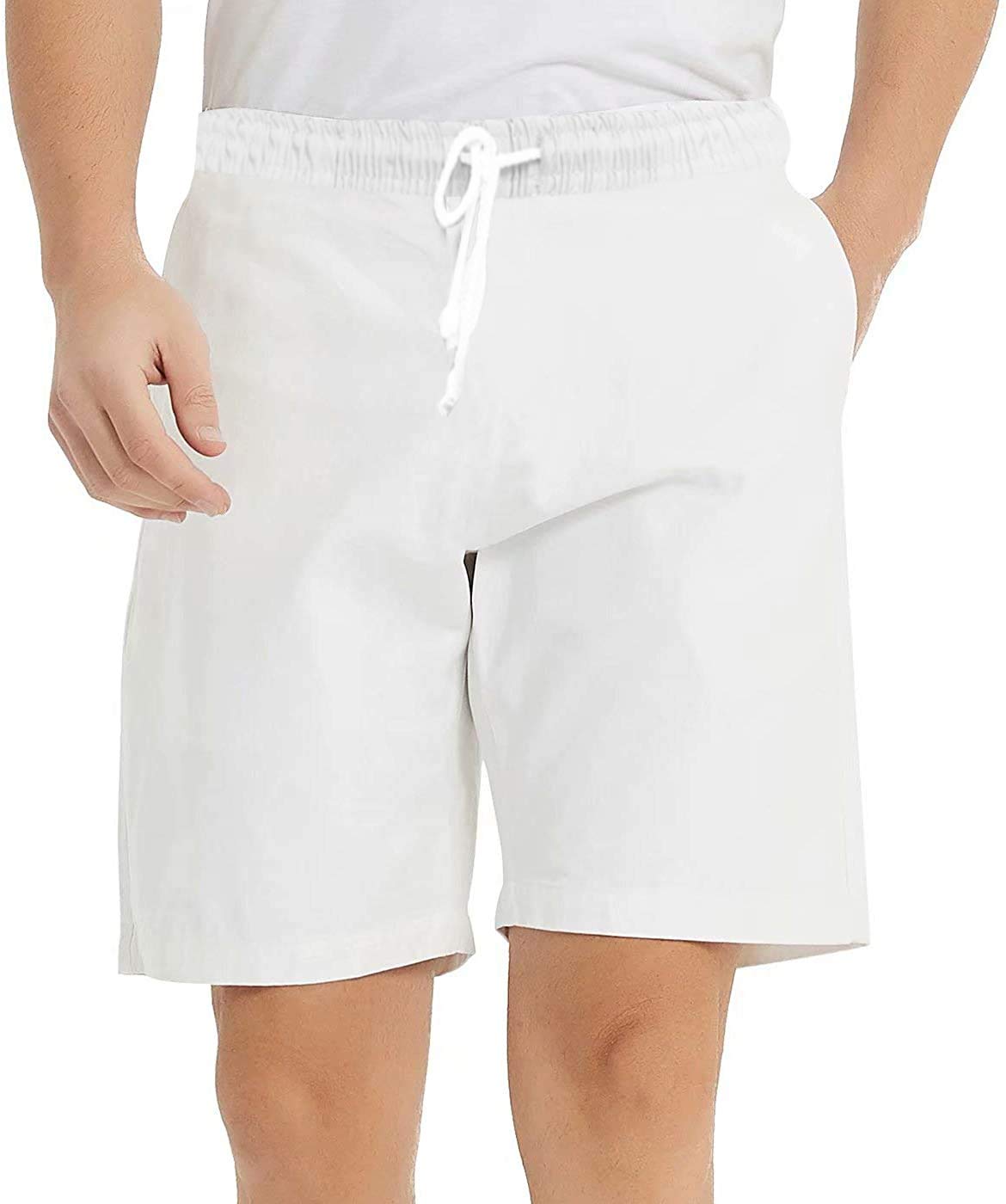 Mens Solid Cotton Shorts Casual Drawstring Regular Fit Summer Pants with Elastic Waist and Pockets