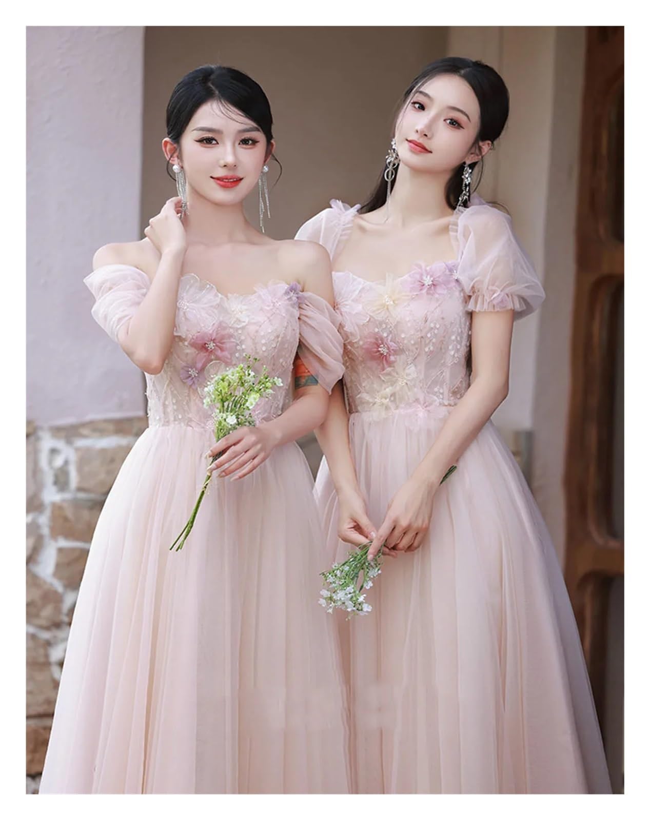 Robe de demoiselle d'honneur rose, 4 Styles, élégante, en Tulle fin, épaules dénudées, avec des Appliques de fleurs, ligne a, robe d'invité de fête de mariage Pour Mariage CéRéMonie(PINK Mid D,6)