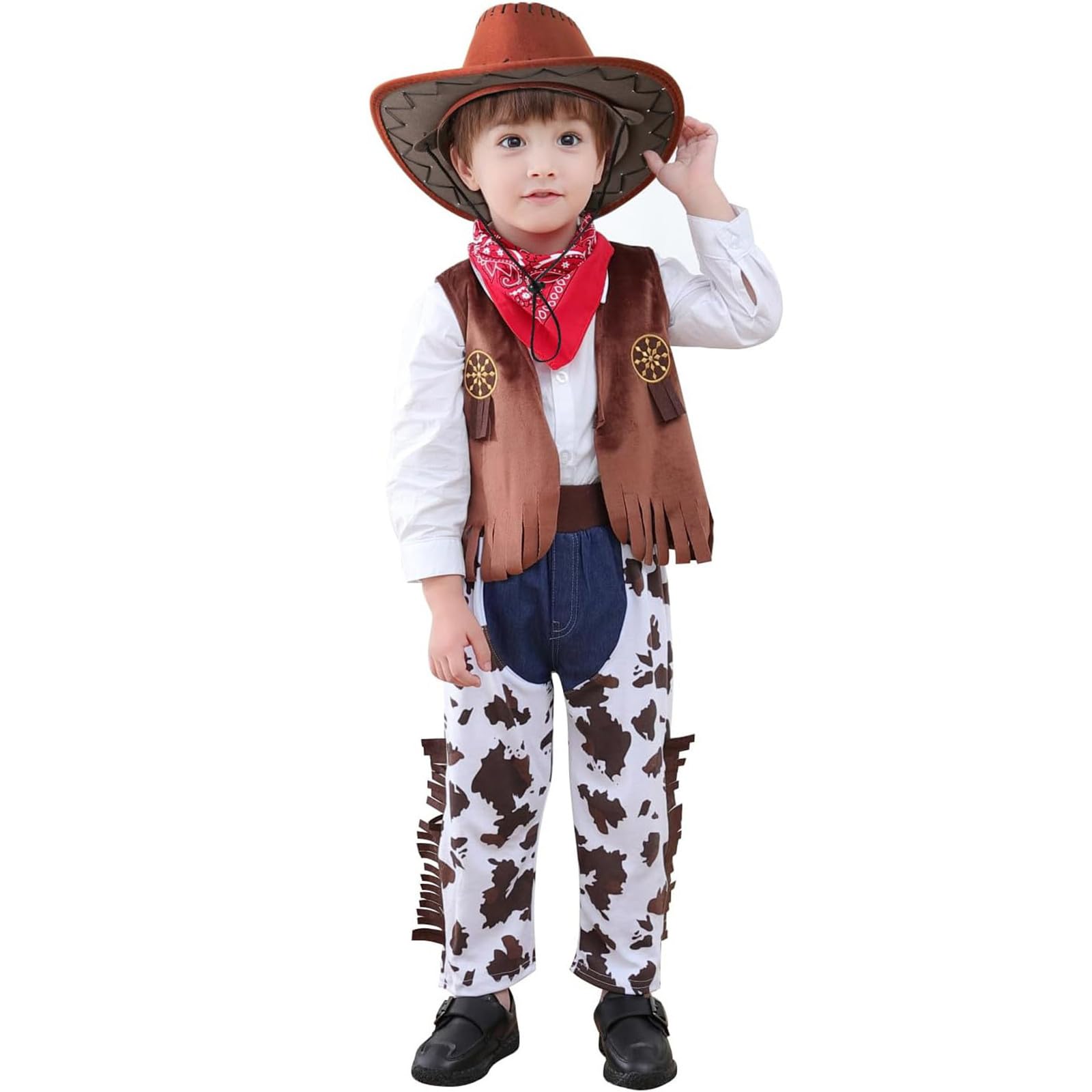 Deguisement Costume de Cowboy avec Bandana Rouge, Pantalon, Gilet et Chapeau, Déguisement Cowboy Enfant Garcon, Garçon Déguisements Cowboys Costume Barboteuse Carnaval Tenues Halloween Noël