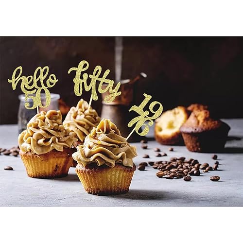 Miniatura 5 de 24 adornos dorados para cupcakes de cumpleaños 50 con purpurina para decoración de fiesta de celebración de cumpleaños 50