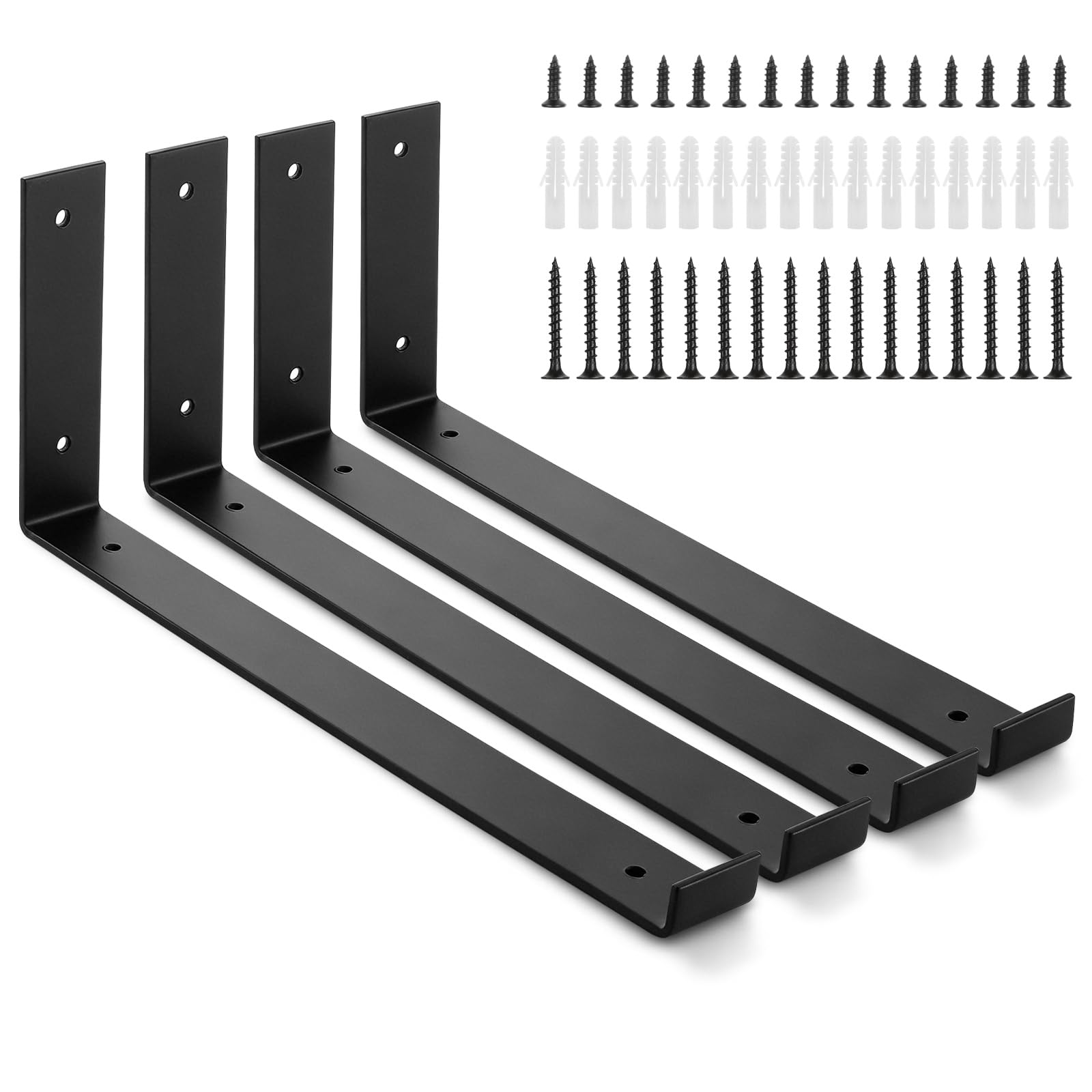 LOLYSIC 4 Pcs Shelf Brackets Heavy Duty, Scaffold Board Shelf Bracket with Lip, Floating Wall Mounted Shelf Bracket with Screw, Black (400mm)