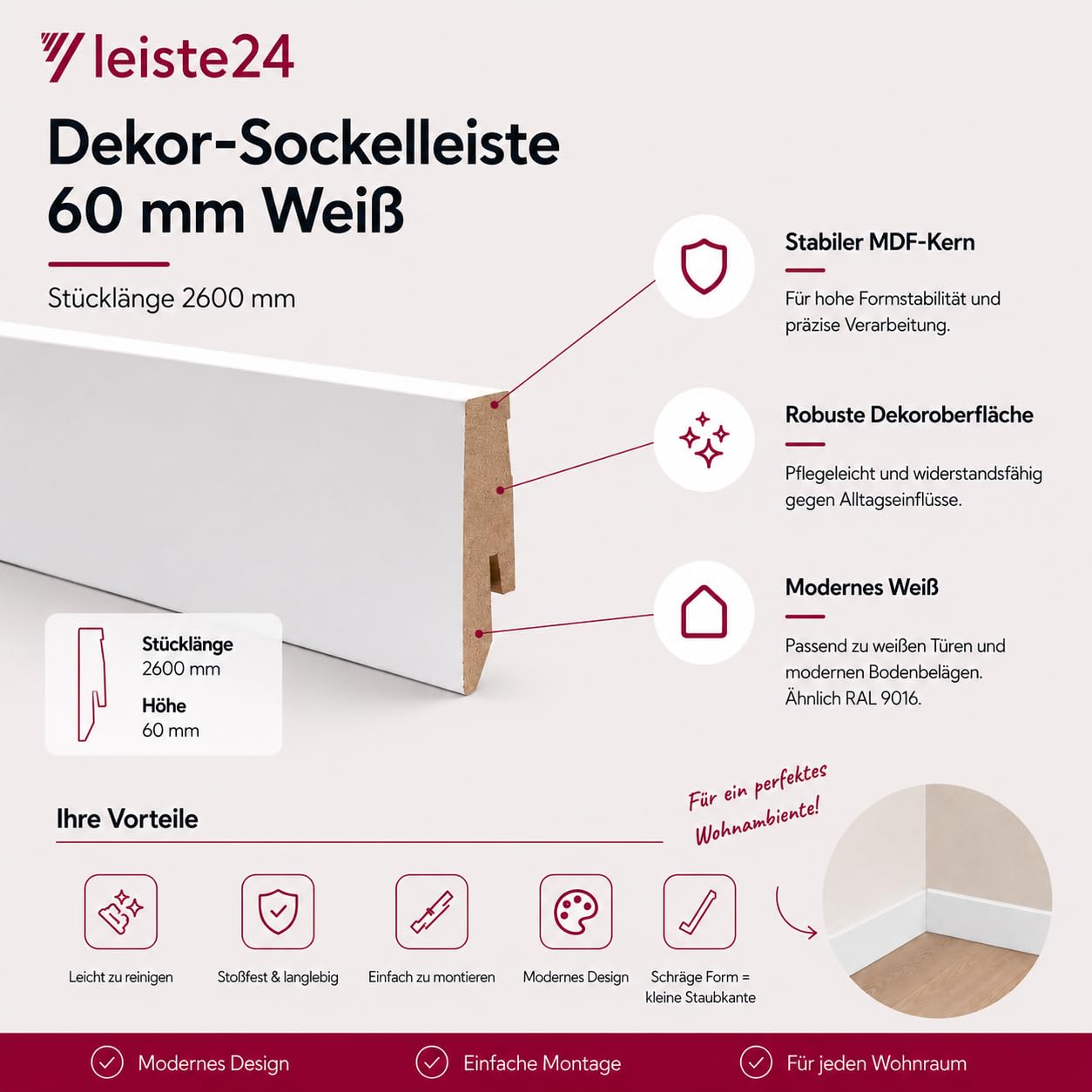 Leiste24 Lot de 10 plinthes en MDF avec chemin de câble et découpe à clip - Blanc - 26 m - 60 mm - Pour stratifié, vinyle, parquet et carrelage
