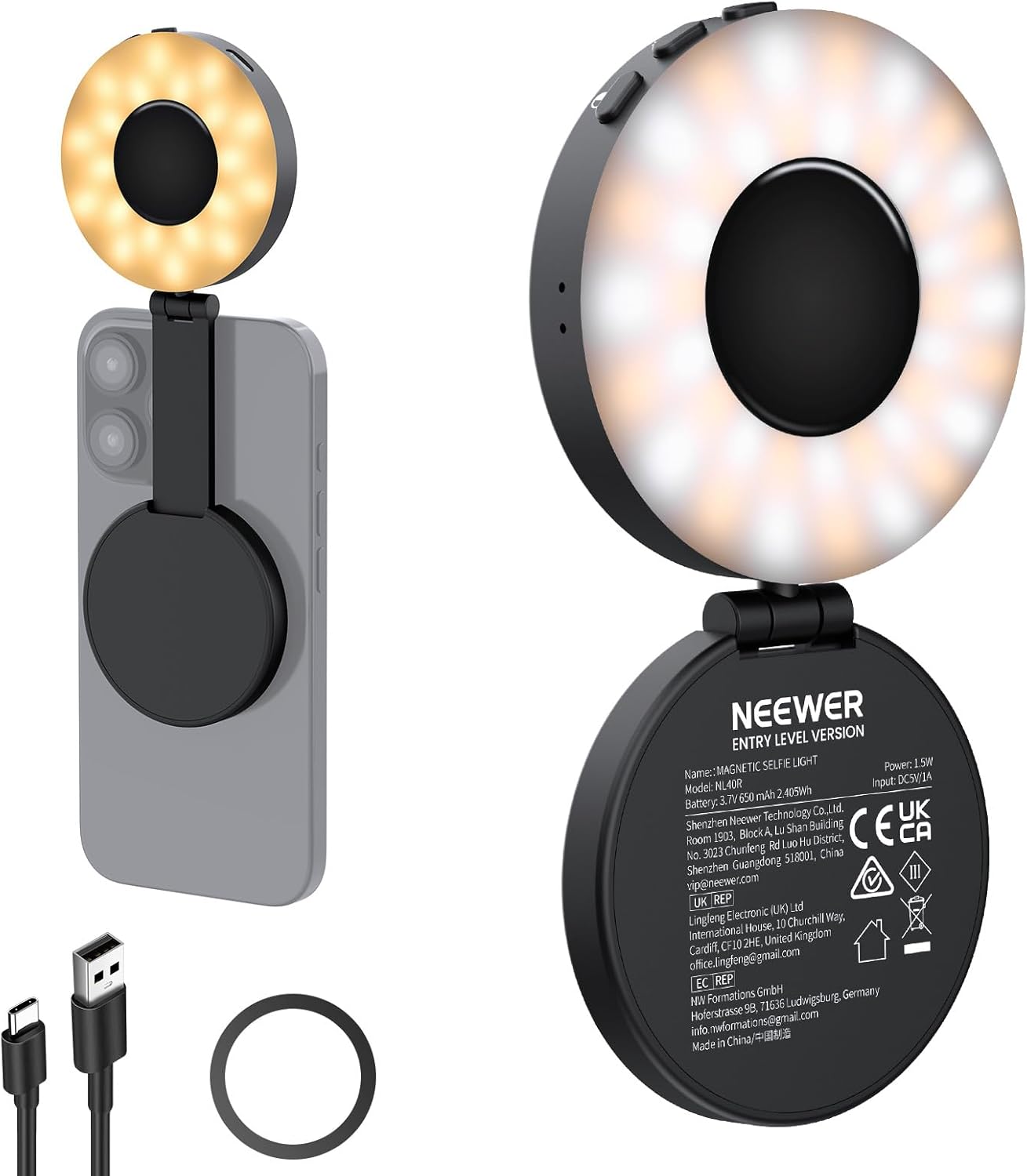 NEEWER ENTRY LEVEL VERSION Magnetic Selfie Light Compatible with MagSafe iPhone, 4 Mode CRI95+ 914lx 1.5W Plastic Folding Small LED Phone Fill Ring Lighting for Recording Makeup Video Conference,NL40R