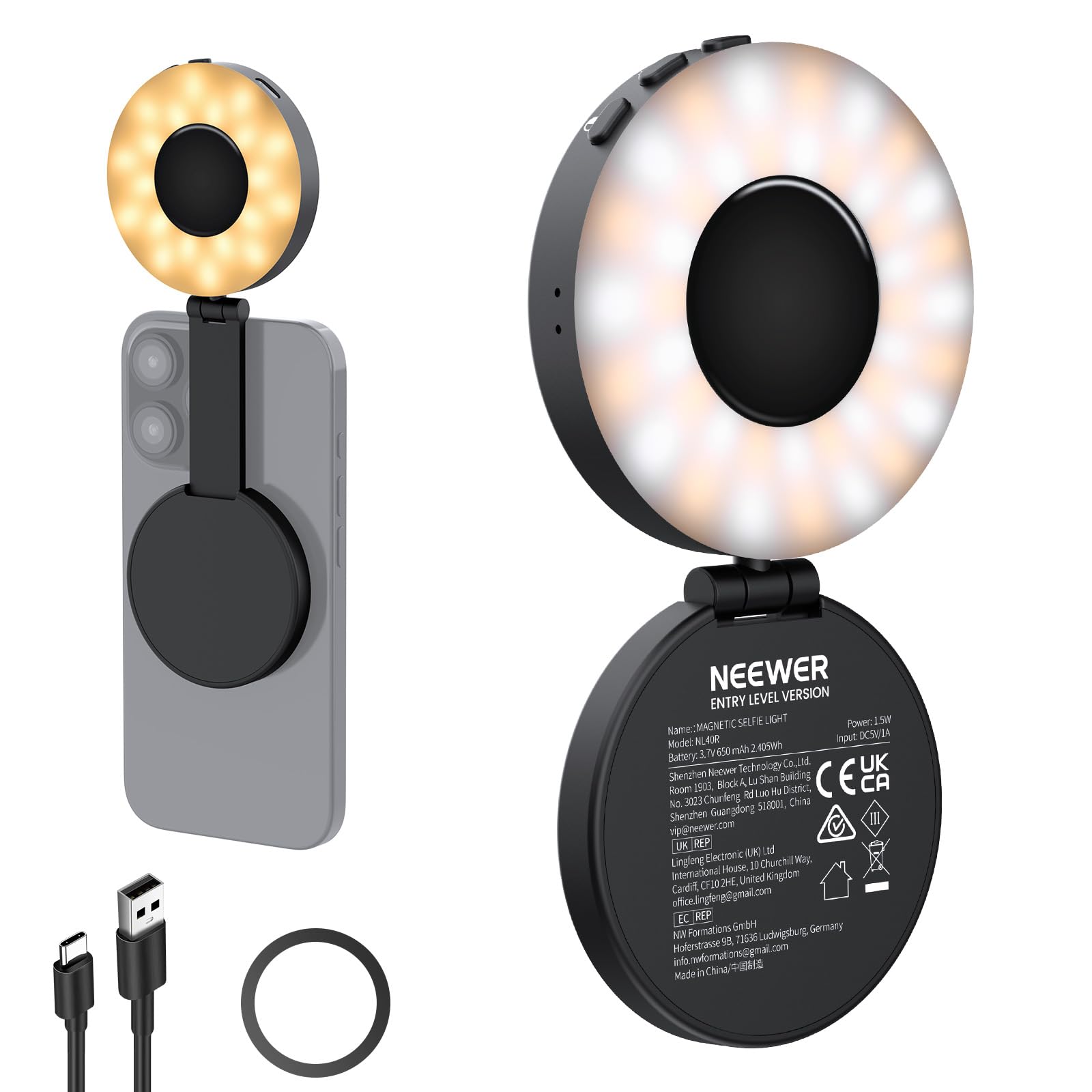 NEEWER WERSJA ENTRY LEVEL Magnetyczne światło do selfie kompatybilne z MagSafe iPhone, 4 tryby CRI95+ 914lx 1,5 W Plastikowe składane małe oświetlenie LED do napełniania telefonu do nagrywania
