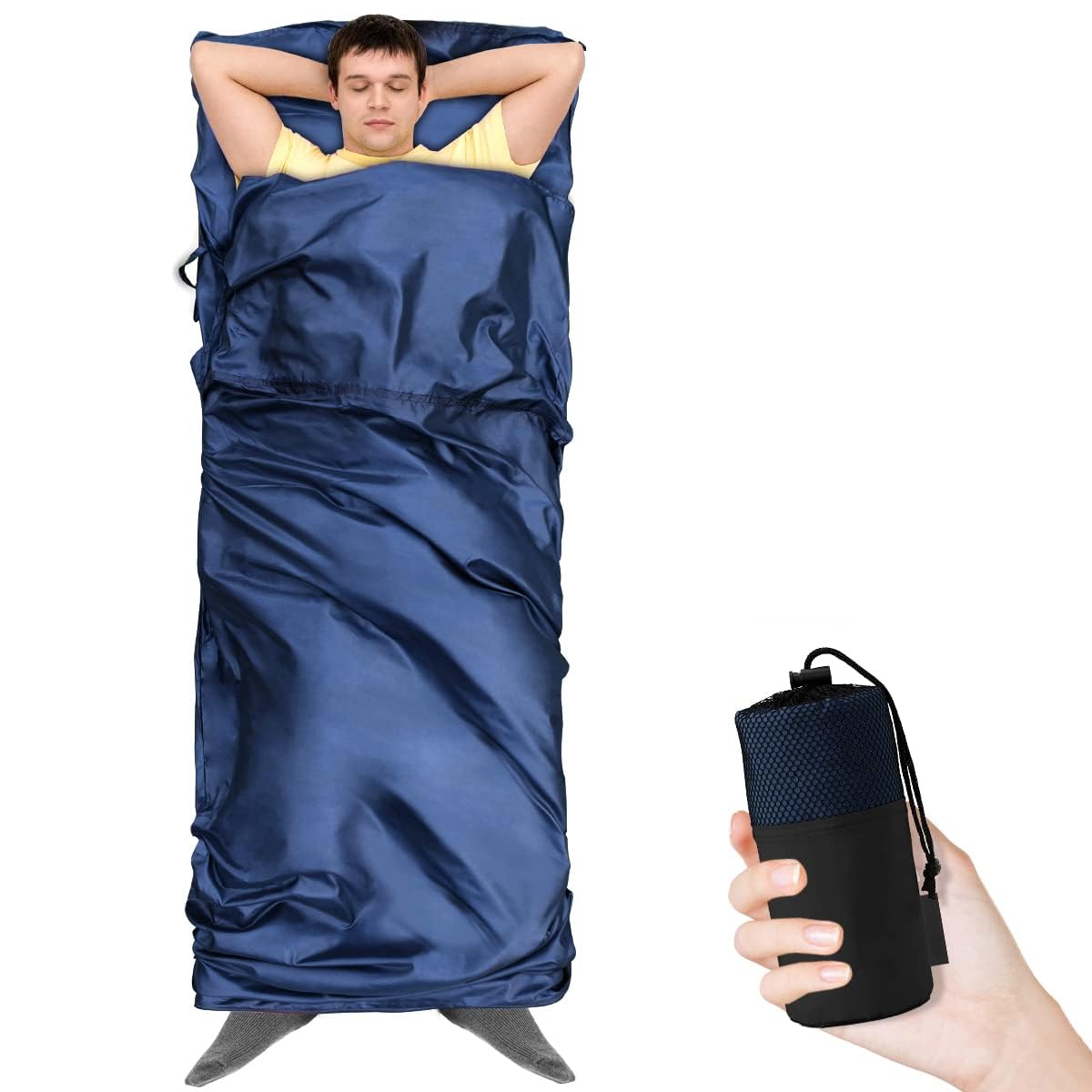 HAOYAO Sleeping Bag Liner, Sleep Bag Liner with Pillow Pocket, Camping Travel Sheet Ultra-Soft & Lightweight Portable Travel Sheet, Compact for Camping, Backpacking, Hotels, Navy