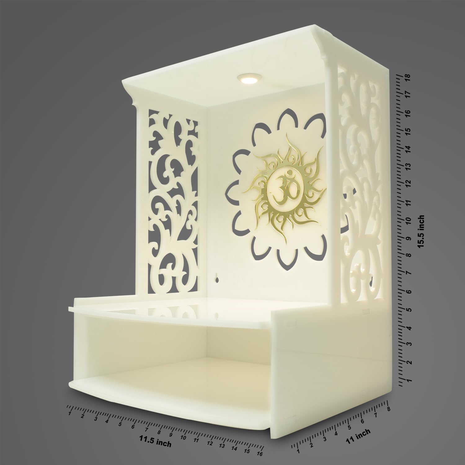 Puja Mandir - Puja Mandir in acrilico per casa e ufficio, montaggio a parete con faretto a LED, dimensioni (H- 15,5, L- 11,5, W-28 cm)