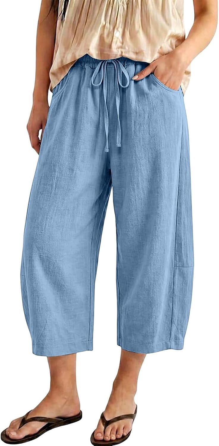 Capri Pants for Women Summer Fashion Flowy Barrel Capris Wide Leg Casual Loose Beach Boho Lounge Cropped Pants