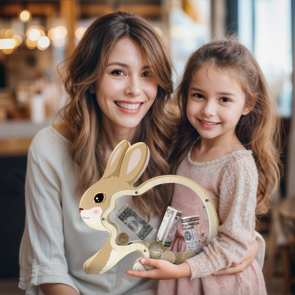 Wooden Bunny Piggy Bank for Kids, Unbreakable Rabbit Coin Bank for Kids with Stickers, Wooden Cashbox Money Jar, Birthday Gifts for Boys, Girls, Educational Toys for Boys, Girls, Home Decor