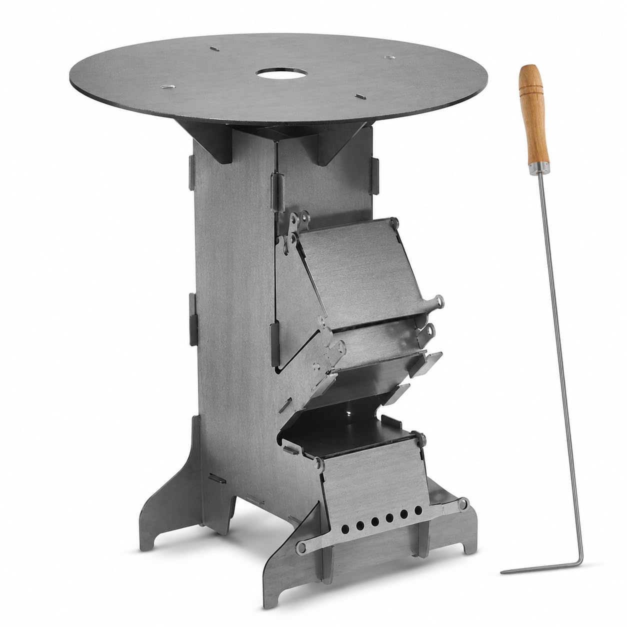 Piec rakietowy z płytą grillową i hakiem paleniskowym Rocket Stove Outdoor 2 dodatkowe nóżki, piecyk kempingowy, piec na drewno, grill kempingowy, piec rakietowy z masywnej stali o grubości 3