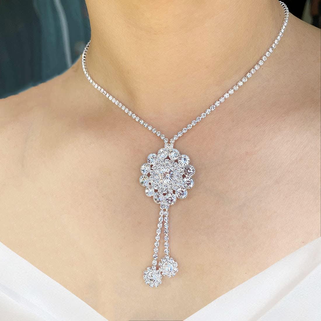 Wedity Bride Wedding Sun Flower Crystal Necklace Earrings Set Silver Bridal Choker Necklaces Rhinestone Pendant Jewelry - Image 4