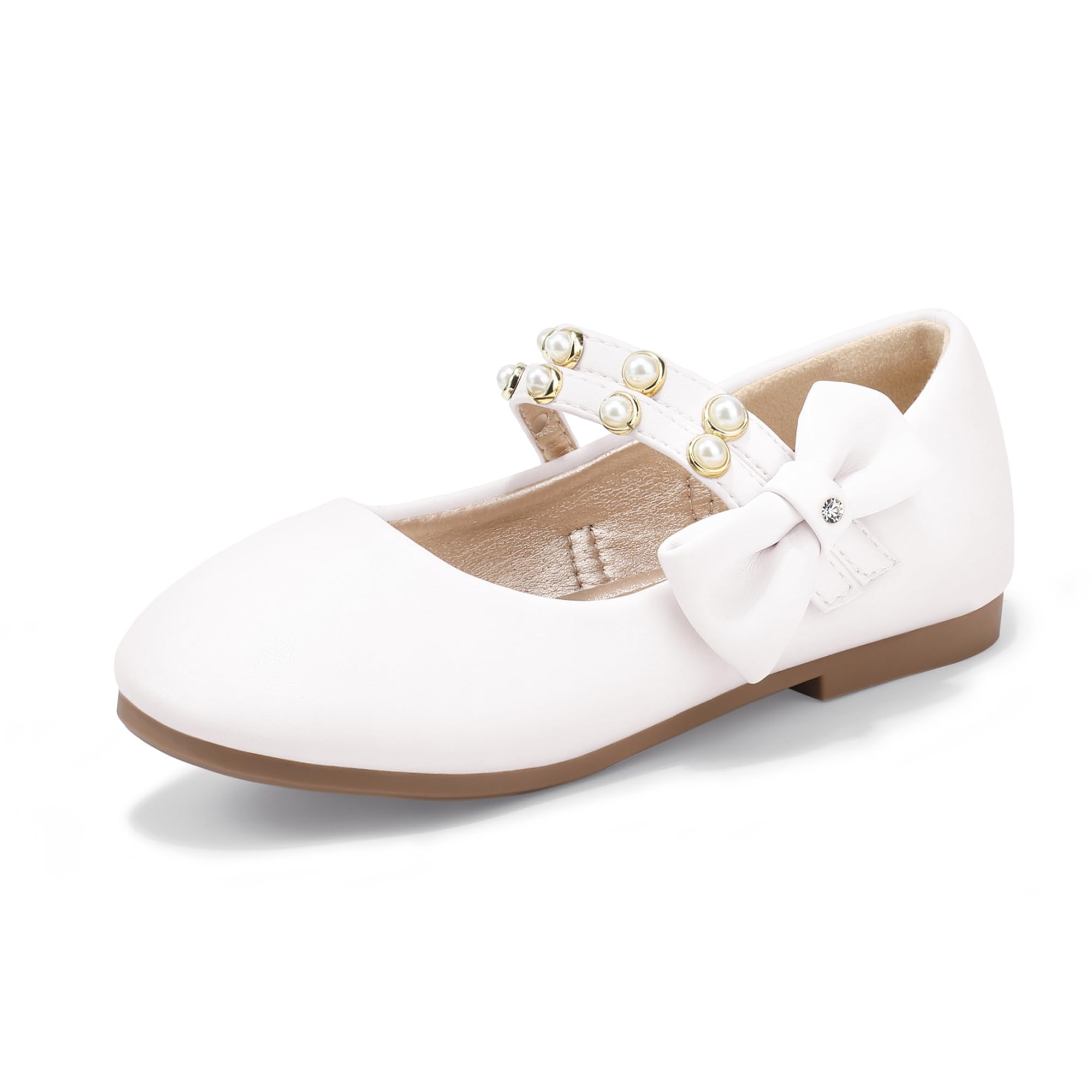PANDANINJIA Toddler Girls Dress Shoes Pearls Bow Ballet Flats Flower Girl Shoes for Wedding Party School Communion Shoes
