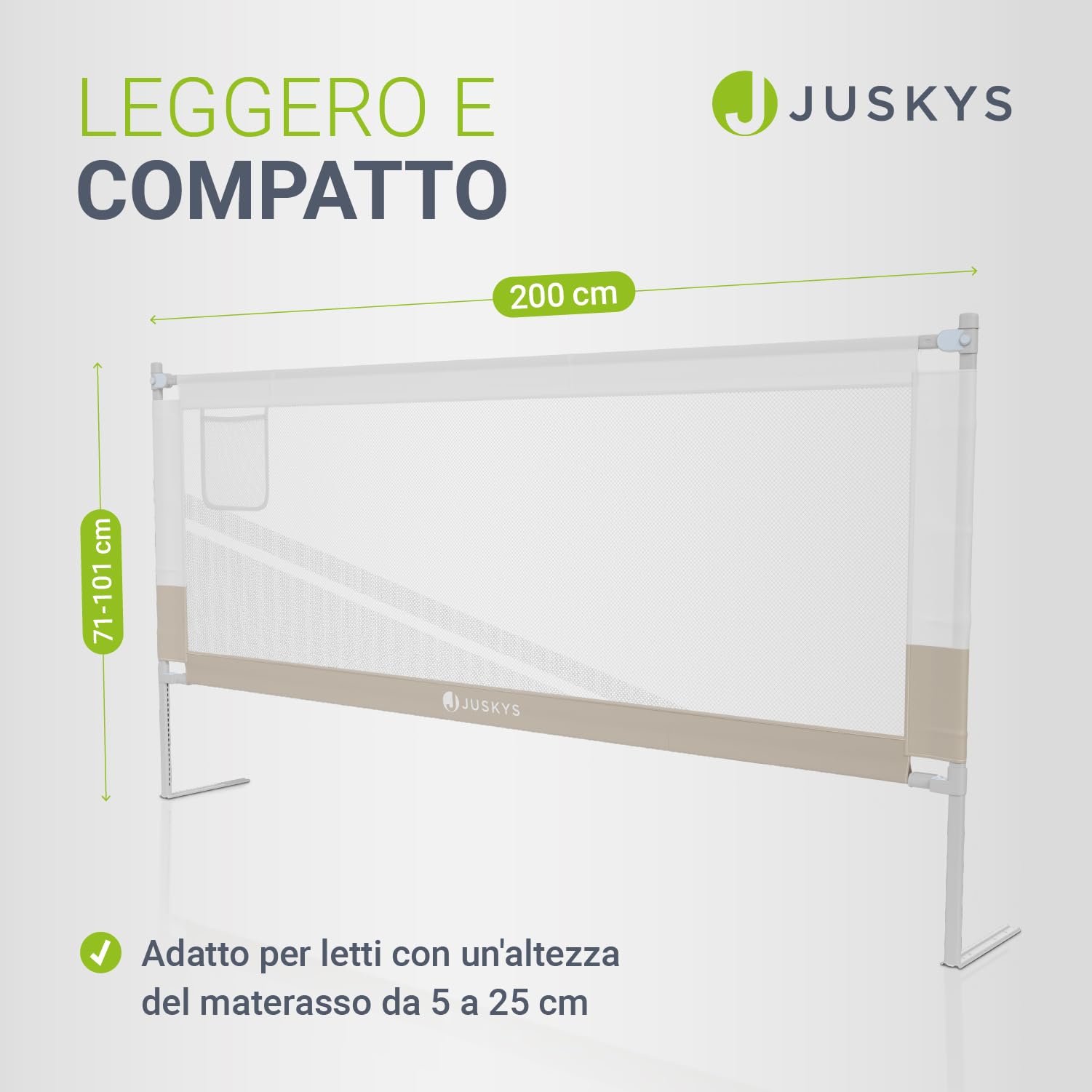 Barriera Letto Per Bambini Juskys Jaron 200 Cm - Regolabile Per Materassi 5-25 Cm, Pieghevole, Tasca Integrata, Beige