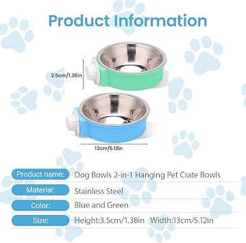 Stainless Steel Dog Bowls 2-in-1 Hanging Pet Crate Bowls with Removable Plastic Cover, Rustproof Cage Food and Water Bowl for Puppy Cat Small Animals (2 Pack)