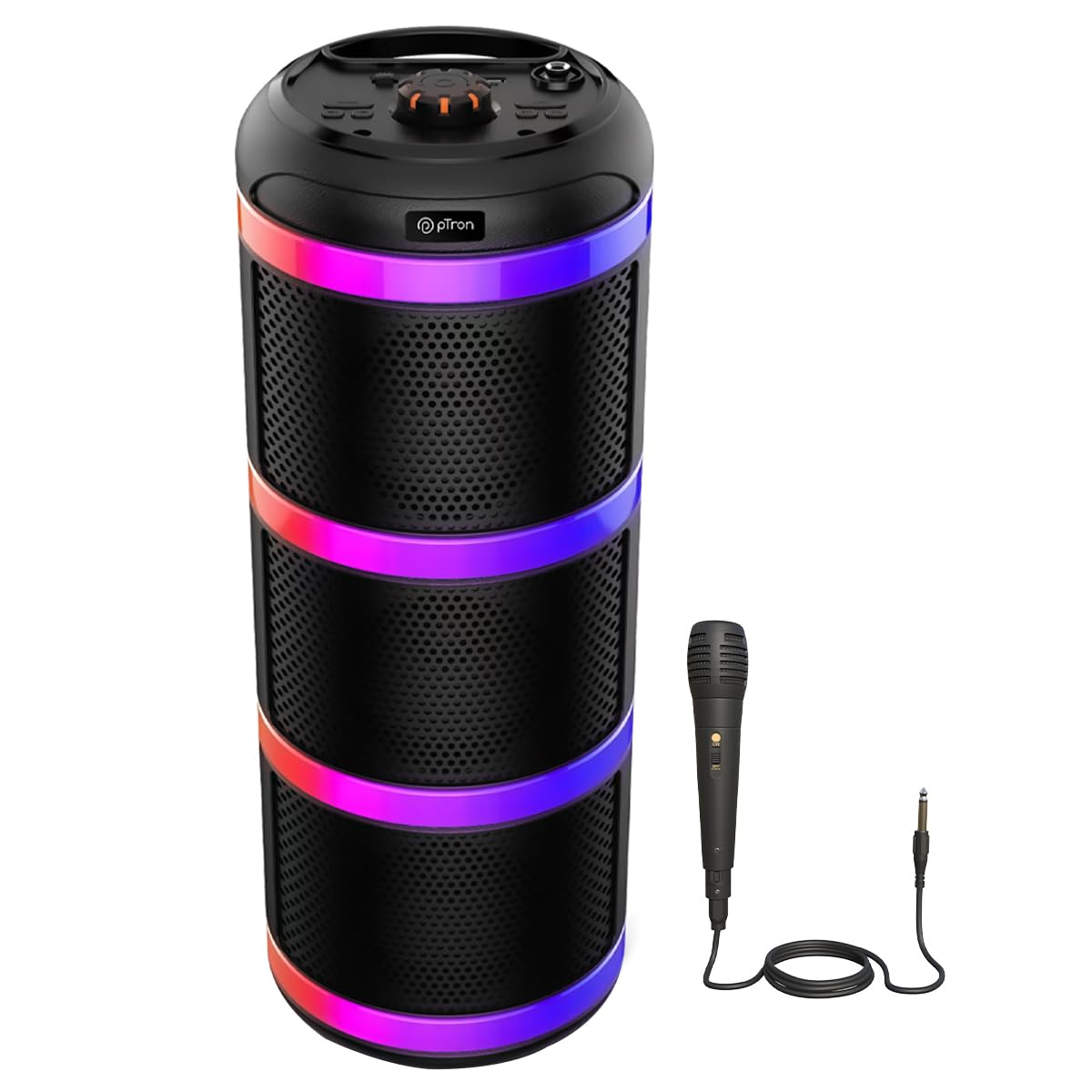 pTron Newly Launched Fusion Theatre 60W Karaoke Bluetooth Party Speaker, Captivating Stereo Sound, Vivid RGB Lights, 3mtr Karaoke Mic, 5 Equalisers, BT/USB/SD Card Playback & Type-C Charging (Black)