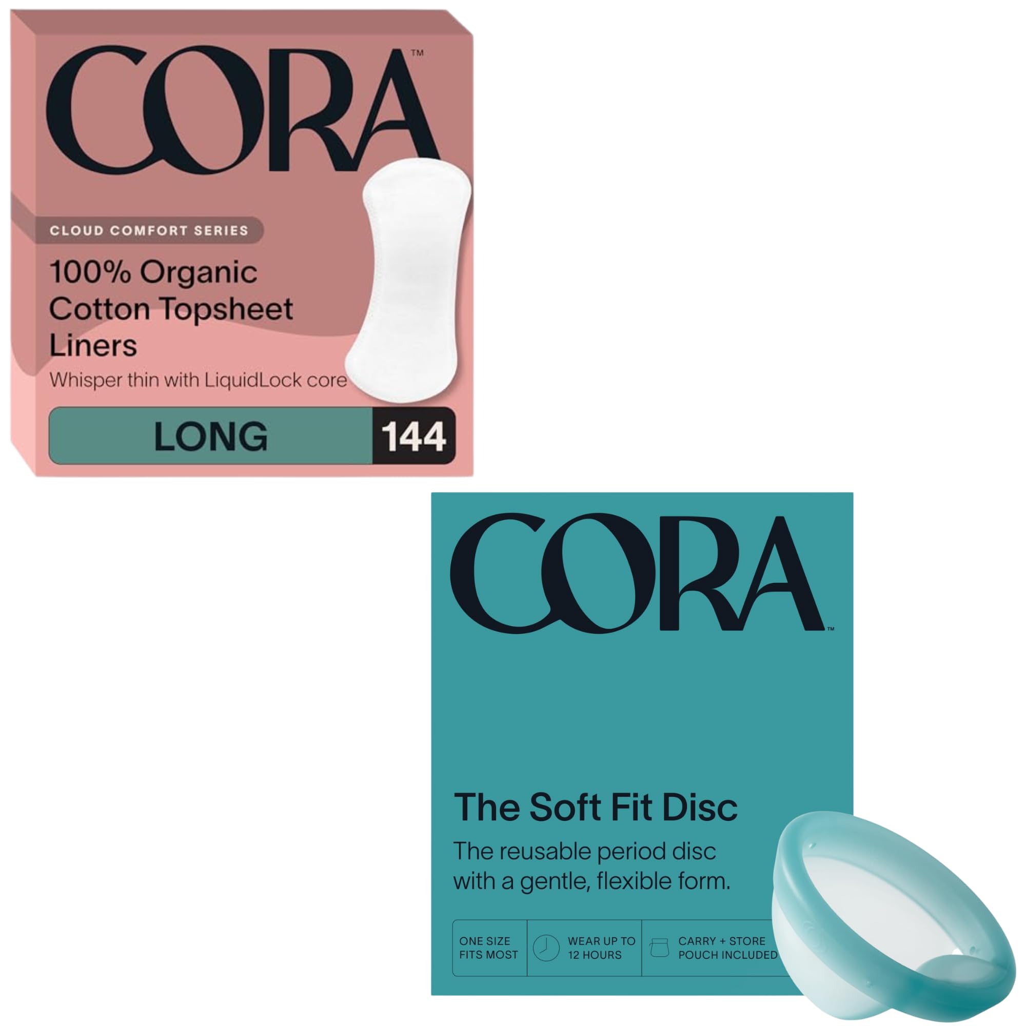 Cora Organic Feminine Care 144 Long No Wings Liners and a Reusable Soft Menstrual Disc Medical Grade Silicone
