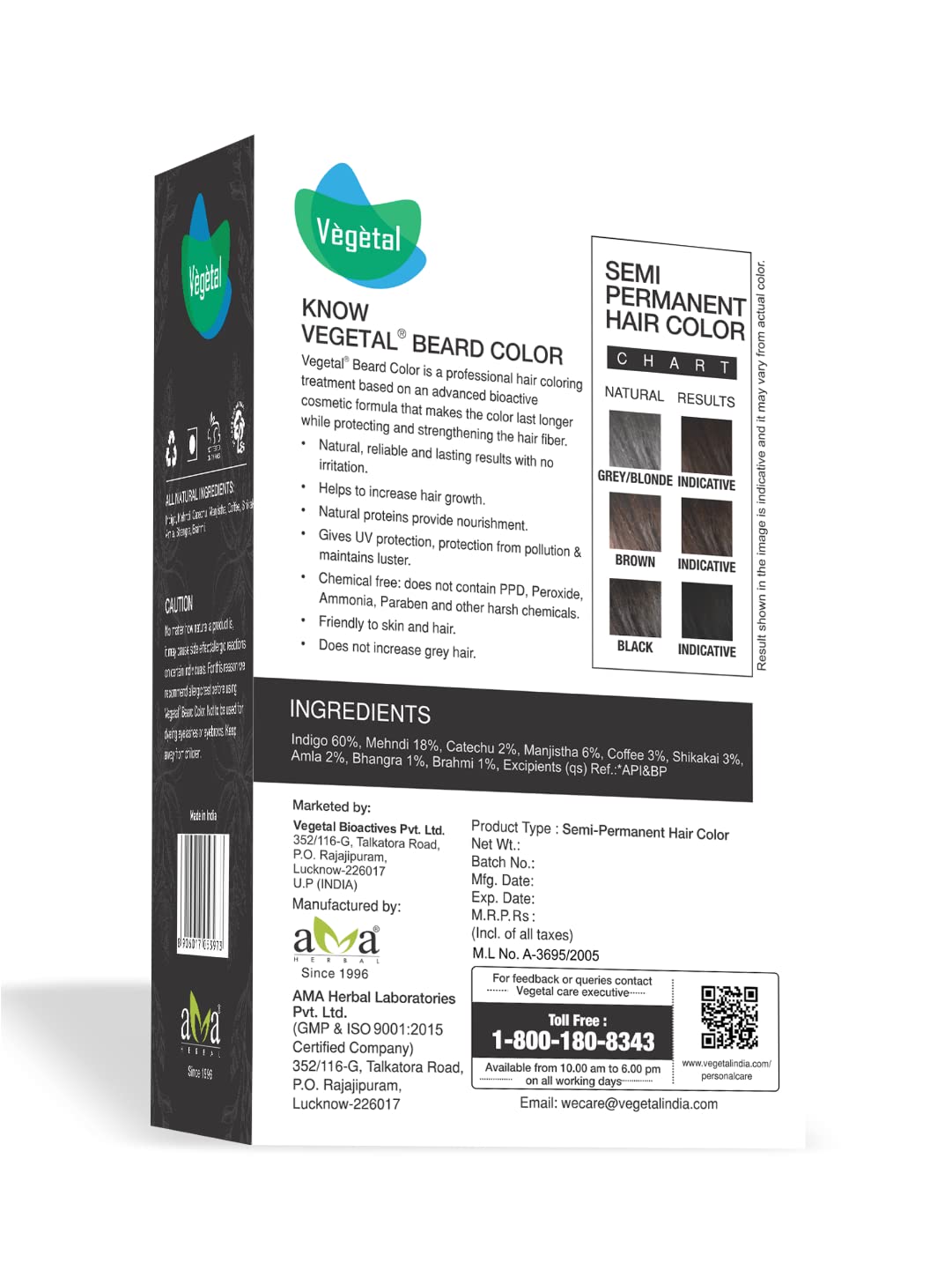 Vegetal Safe Color - Soft Black 25gm - Certified Organic Chemical and Allergy Free Bio Natural Beard Hair Color with No Ammonia Formula for Men