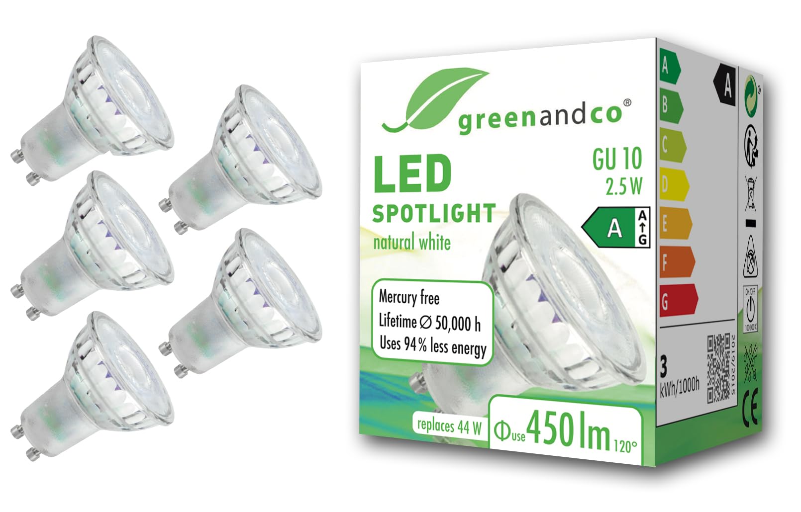 greenandco 5 x LED spotlights, GU10, 2.5 W, 450 lm, 4000 K, neutral white, 100°, 230 V, flicker-free, energy efficiency class A, not dimmable