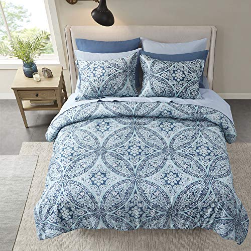Comfort Spaces Bed In A Bag - Trendy Casual Design Cozy Comforter With Complete Sheet Set With Side Pocket, All Season Cover, Matching Shams, King(104"X90"), Gloria, Damask Blue 9 Piece #TOP2