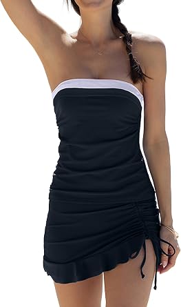 Beachsissi Bandeau Swimsuits for Women Strapless Swimwear Bathing Suits Tummy Control Color Block Tankini Skirt Sets