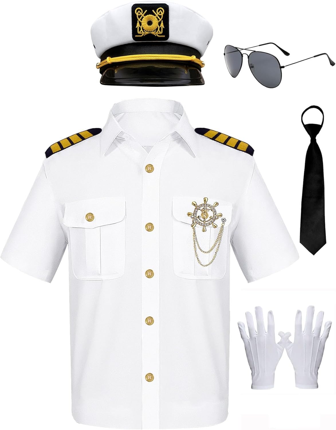 Men Nautical Captain Costume Set Adult Sailor Shirt Captain Hat Sunglasses Accessories Boat Theme Party Yacht Cosplay